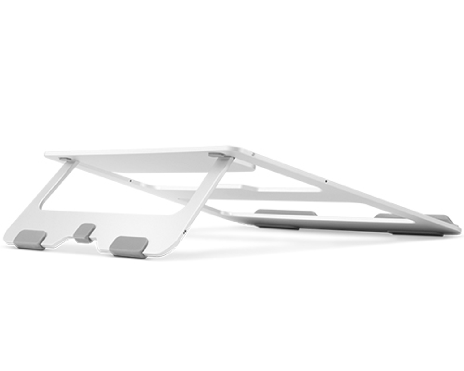 Soporte para portátil blanco. Tiene un diseño minimalista con soportes grises y fondo blanco.