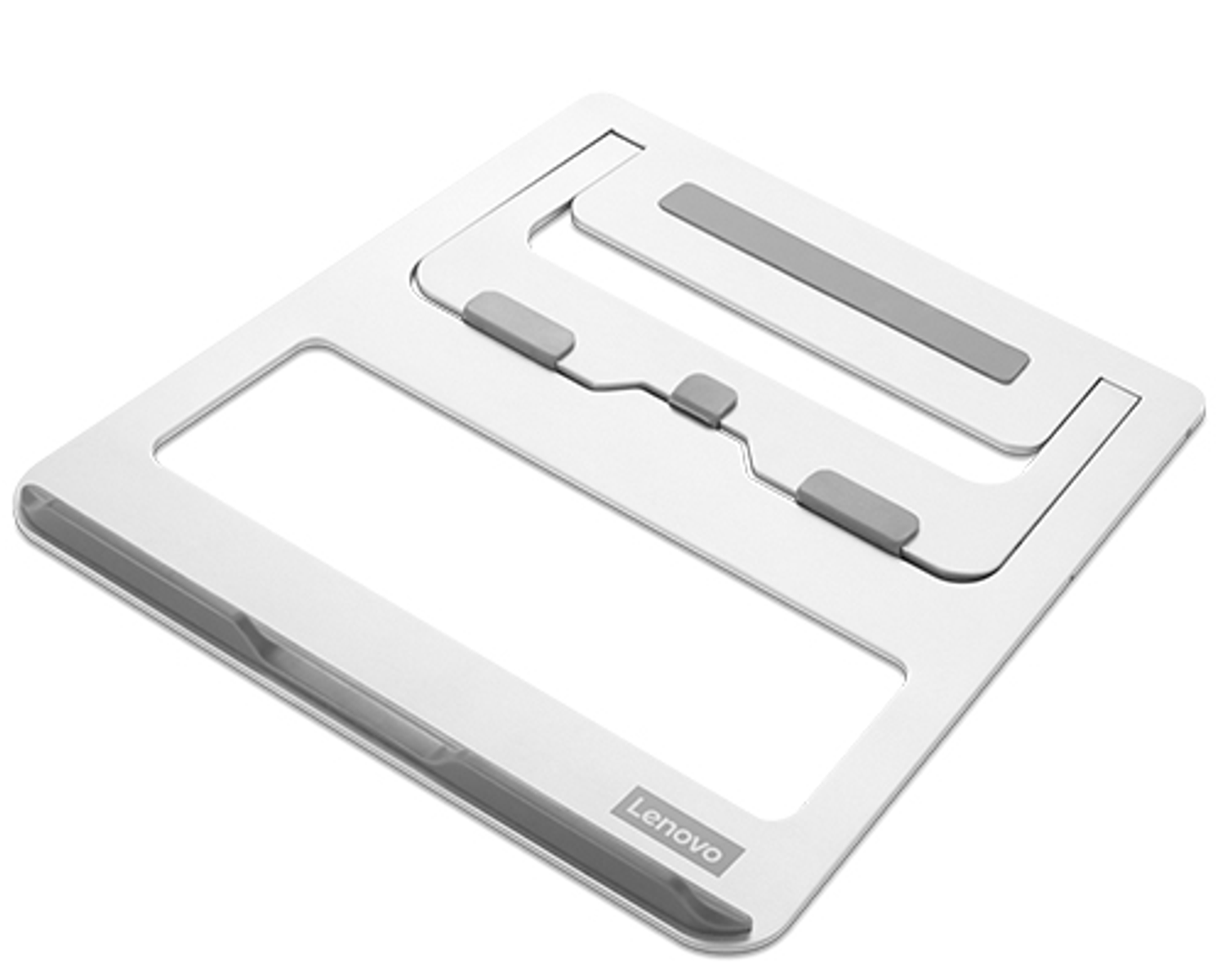 Soporte blanco para portátil con detalles grises y el logotipo de Lenovo. Abierto y en ángulo.