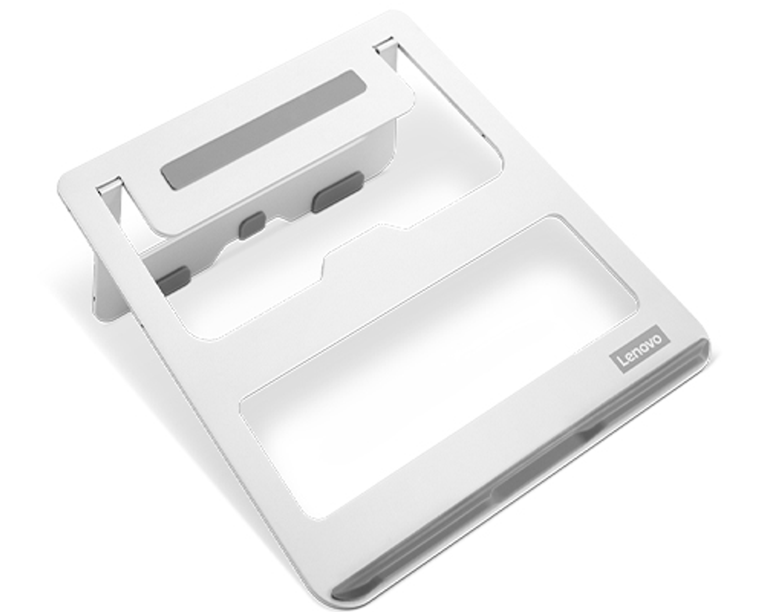 Soporte para portátil blanco, logo Lenovo, fondo blanco.