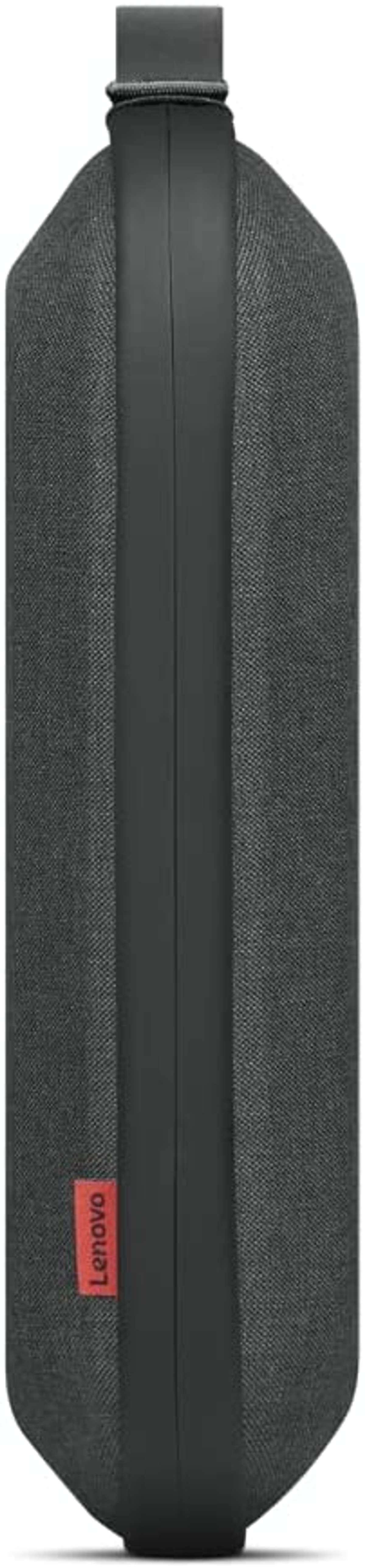 Altavoz rectangular Lenovo, tejido gris oscuro, etiqueta roja Lenovo.