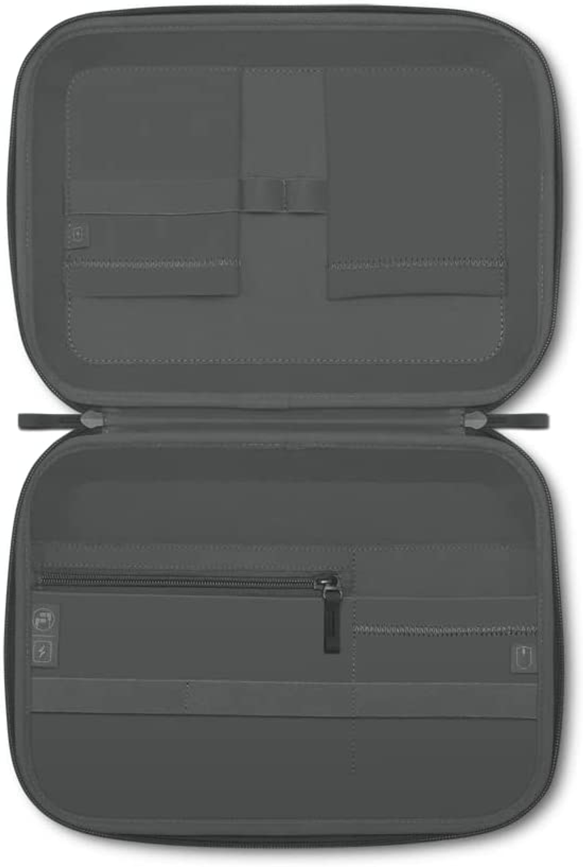 Funda de transporte gris abierta con compartimentos y cremallera. Vista interior.