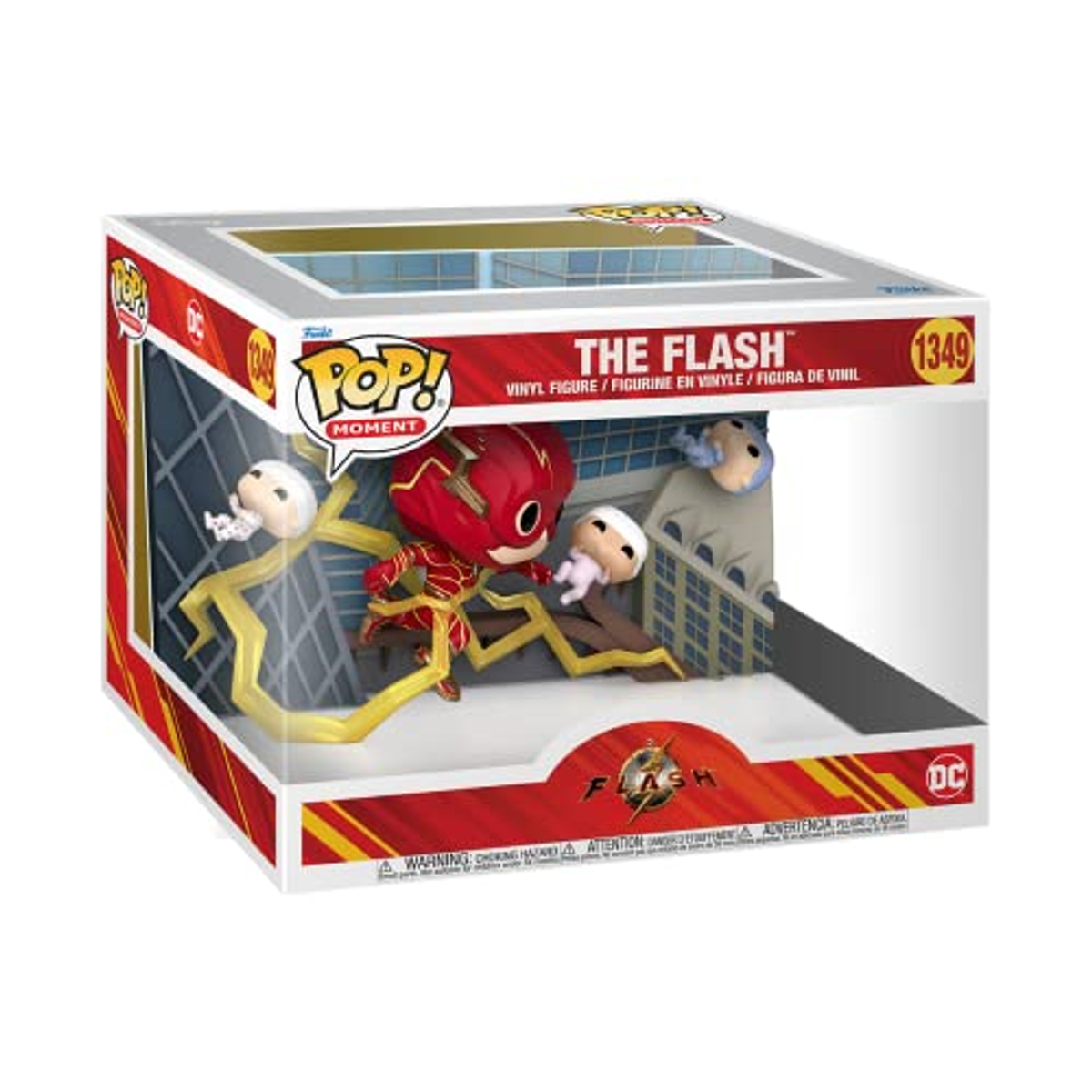La statuetta Funko Pop di The Flash in una vetrina. Sfondo bianco.