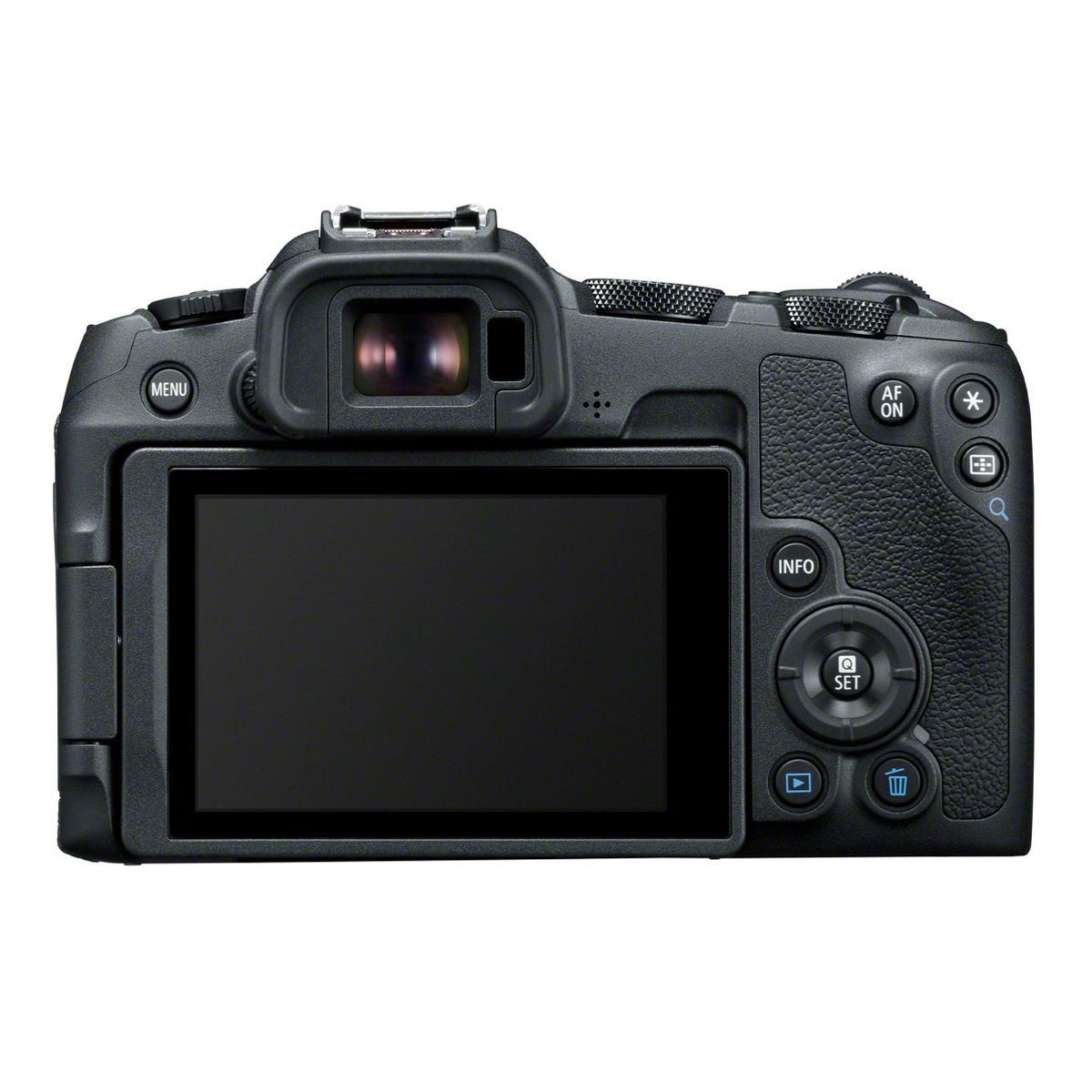 Back view of a black camera with a screen. It has buttons and a menu button. The background is white.