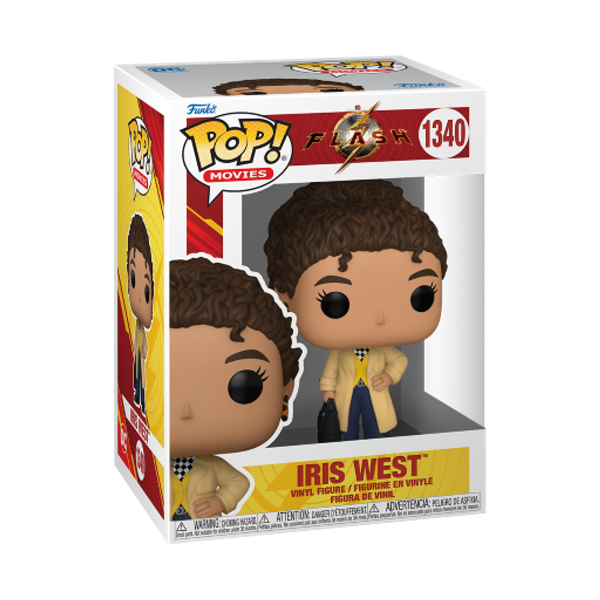 Una scatola Funko Pop con Iris West di The Flash. Indossa un cappotto giallo e tiene una borsa.