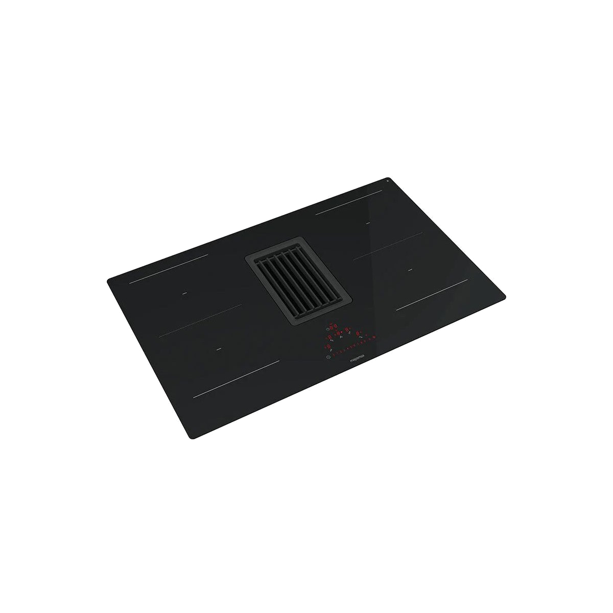 Una placa de inducción negra con extractor integrado, vista desde arriba.