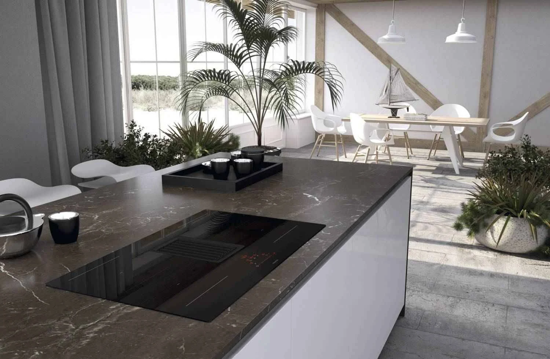 Isla de cocina moderna con encimera oscura, vitrocerámica integrada y plantas circundantes con ventana al fondo.