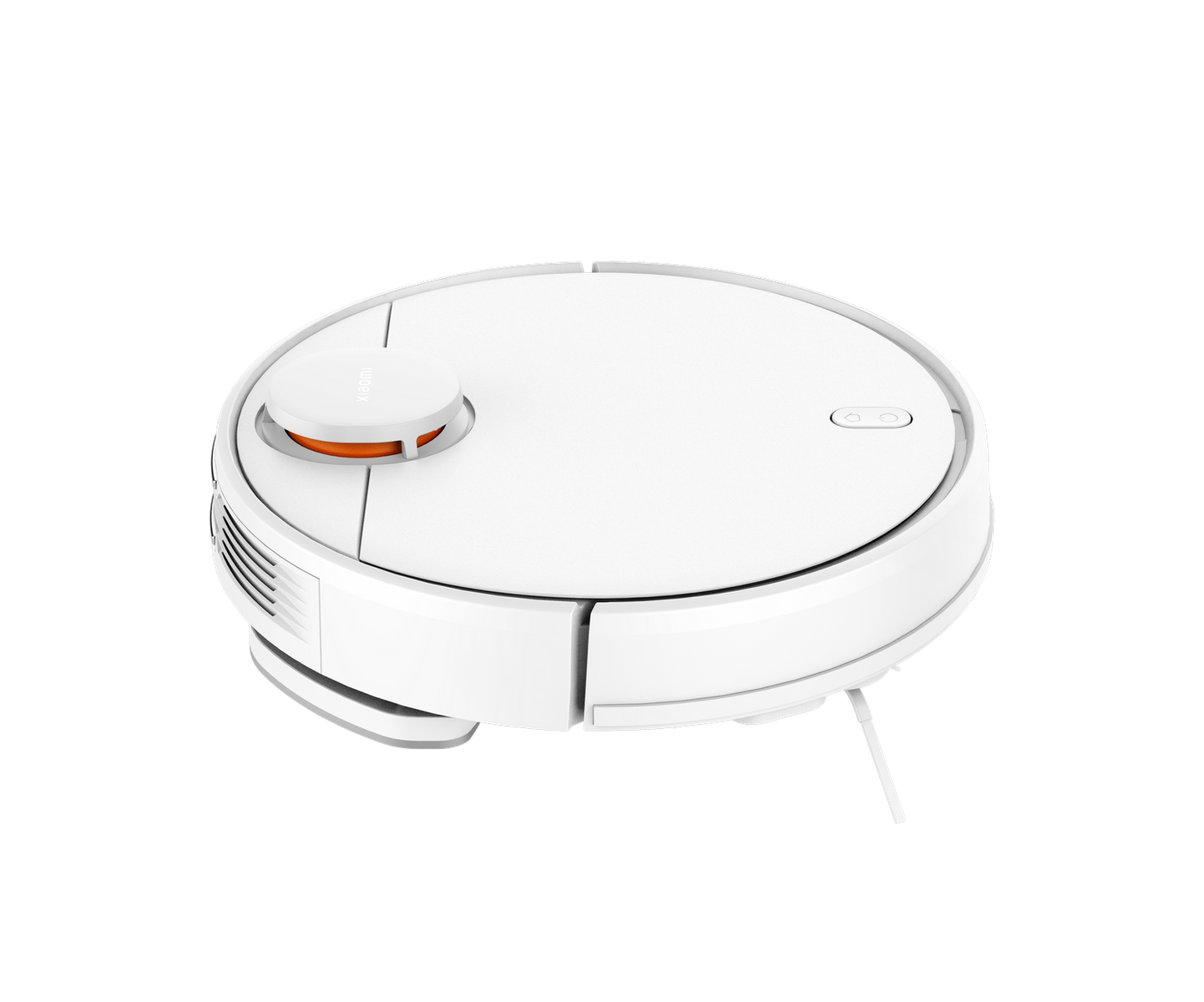 Biały odkurzacz robot na czarnym tle. Produkt jest okrągły.