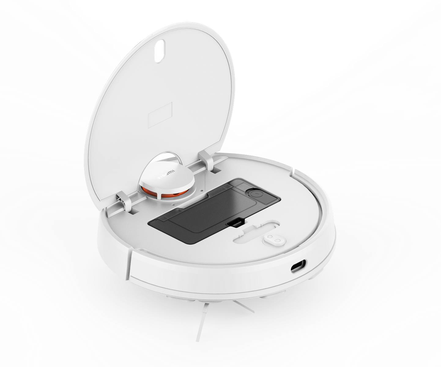 Biały robot odkurzający, otwarte wieczko, pokazujące elementy wewnętrzne i port ładowania.
