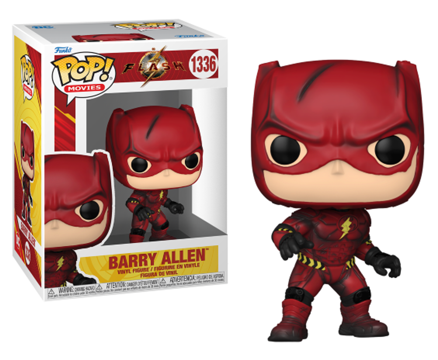 Una figura Funko Pop de The Flash dentro y fuera de la caja, posando sobre un fondo blanco.