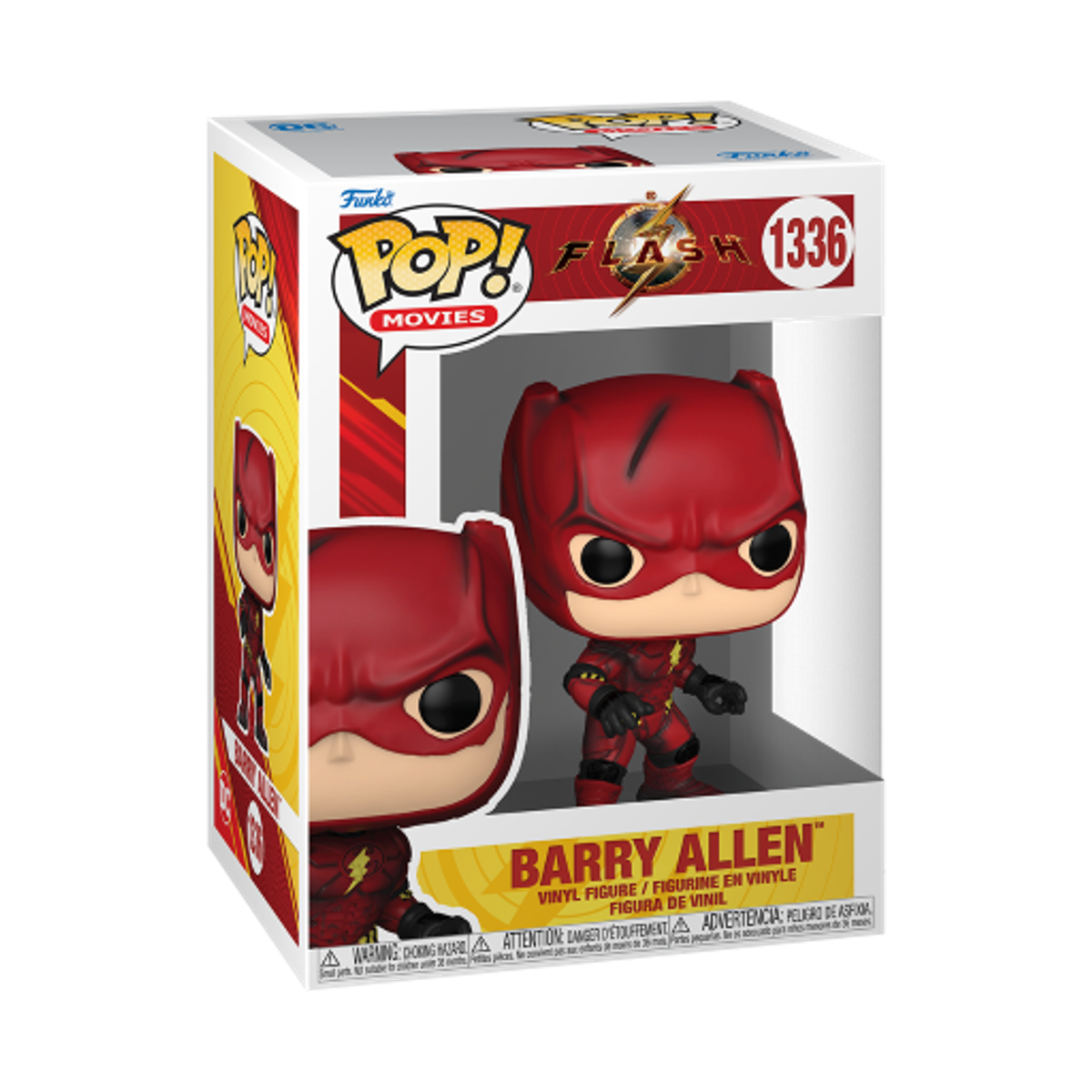 Una figura de Flash Funko Pop en una caja. La figura es roja y posa como un superhéroe.