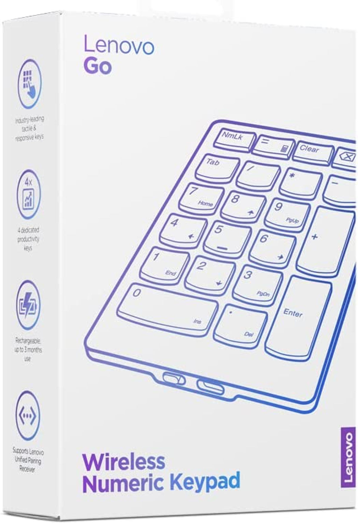 Teclado numérico inalámbrico Lenovo Go en una caja blanca, con teclas y detalles del producto.