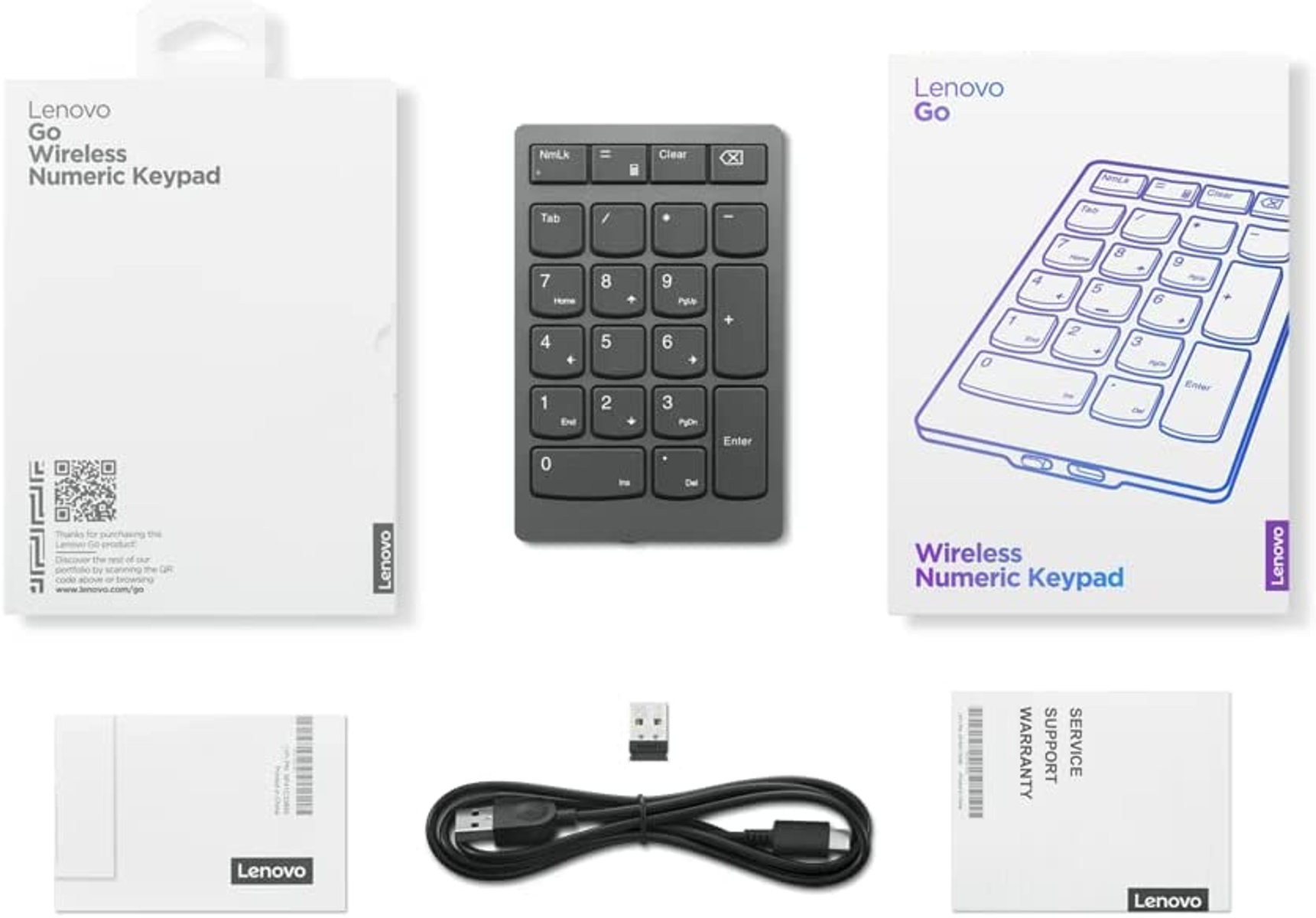 Teclado numérico inalámbrico, caja y accesorios. El teclado es gris.