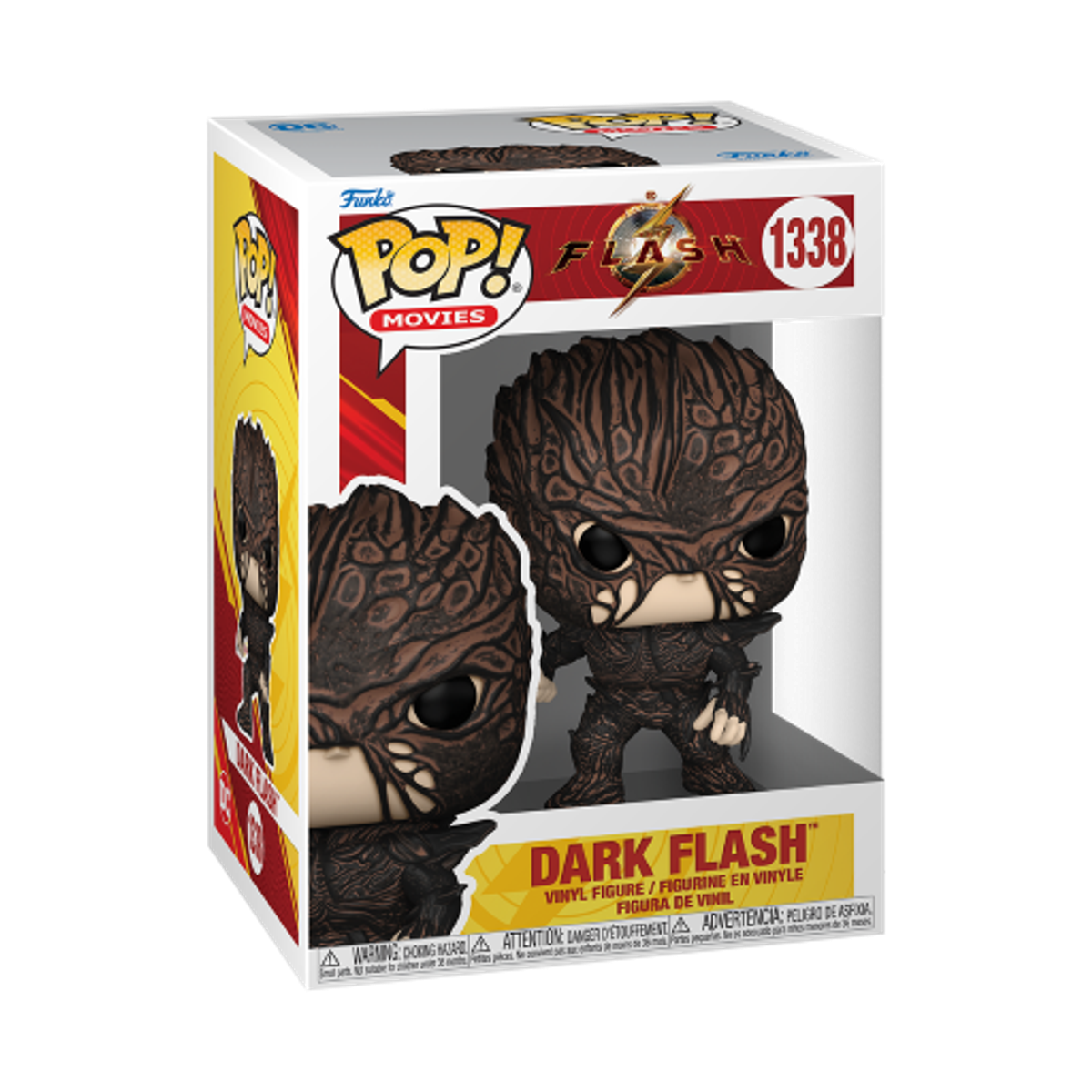 Funko Pop Dark Flash figura in una scatola. La figura è marrone con un viso scuro. La scatola ha dettagli rossi.