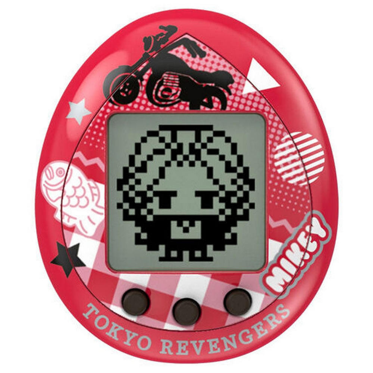 Juguete Tamagotchi rojo con personaje pixelado. Tiene pantalla, botones y texto.