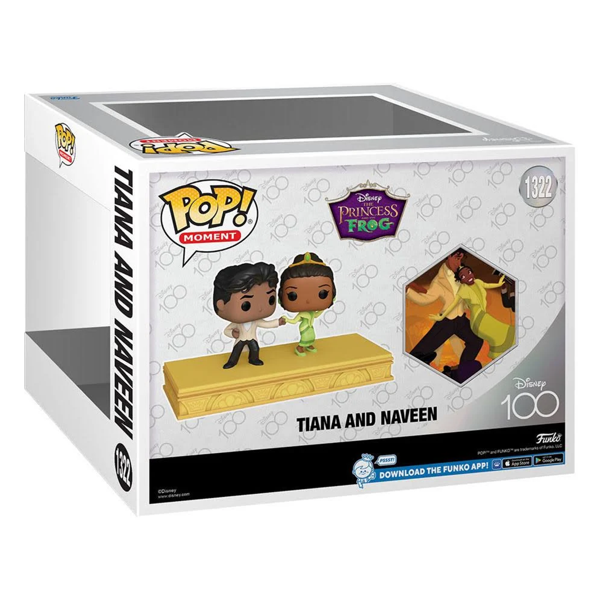 Caja Funko Pop con figuras de Tiana y Naveen, base dorada, logo Disney. Fondo blanco.