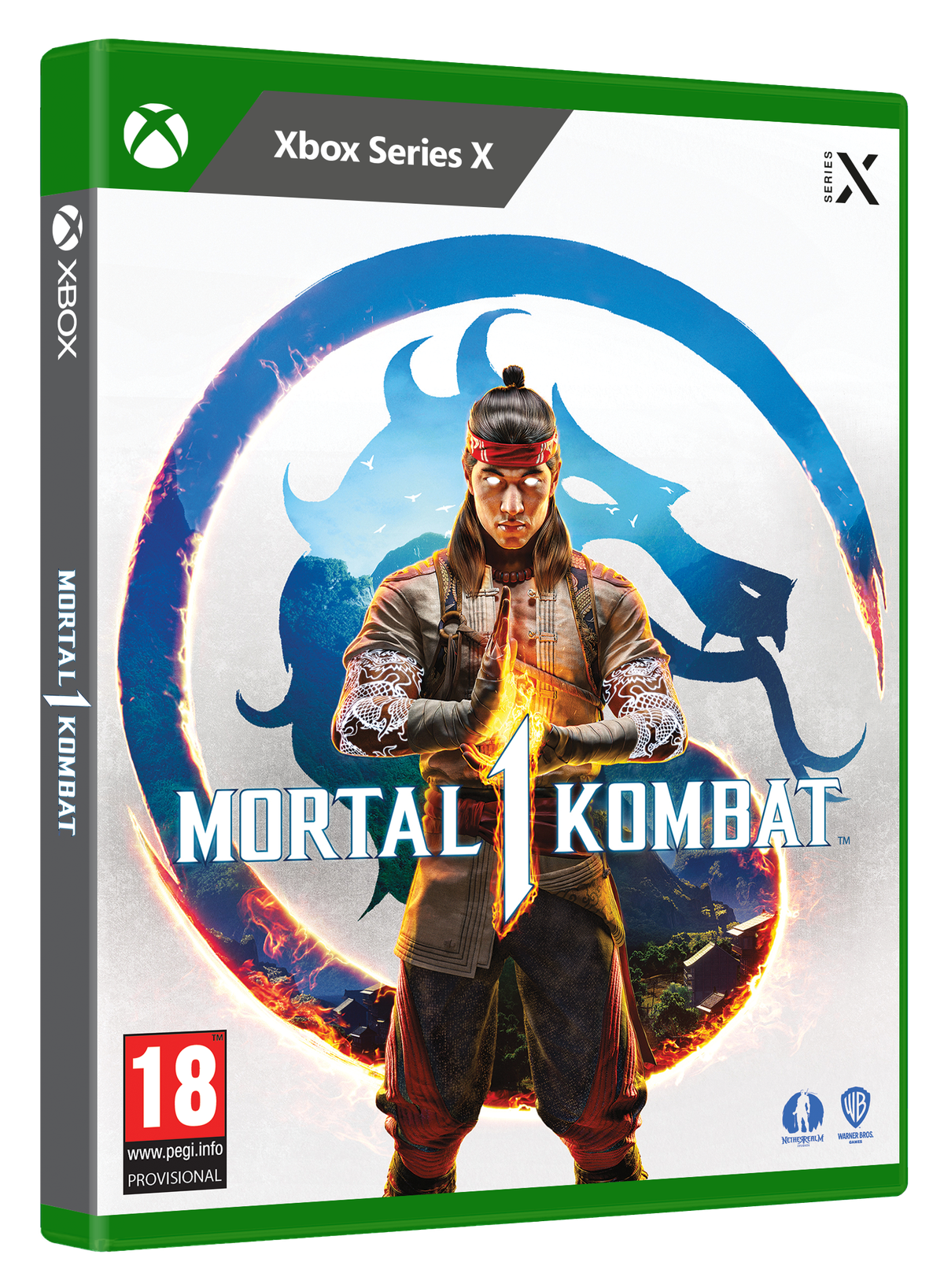 Caja del juego Mortal Kombat 1. Presenta a una persona con una diadema roja en la portada.