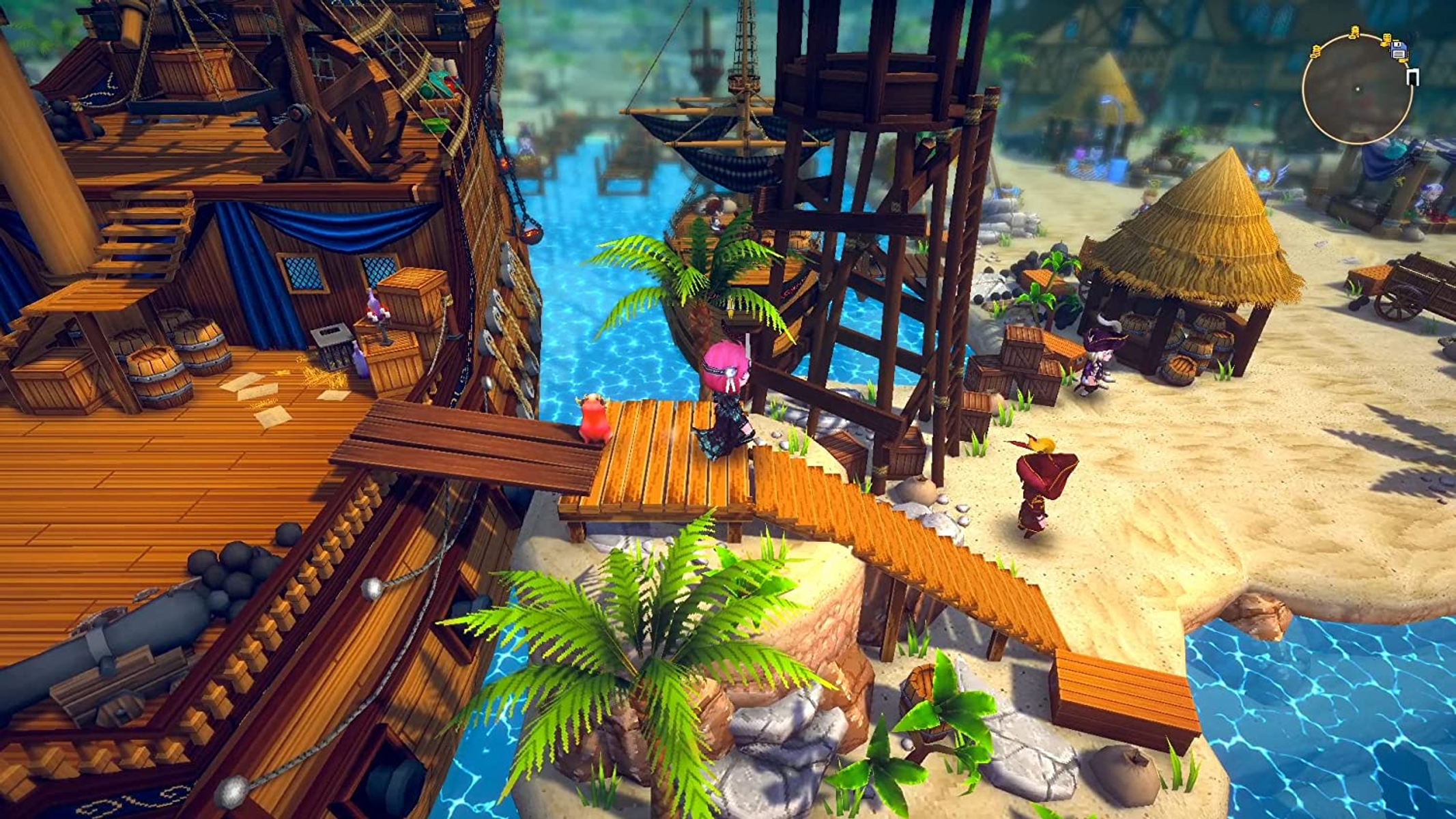Una scena di pirati dei cartoni animati con una nave, personaggi e un'isola. L'acqua è turchese.