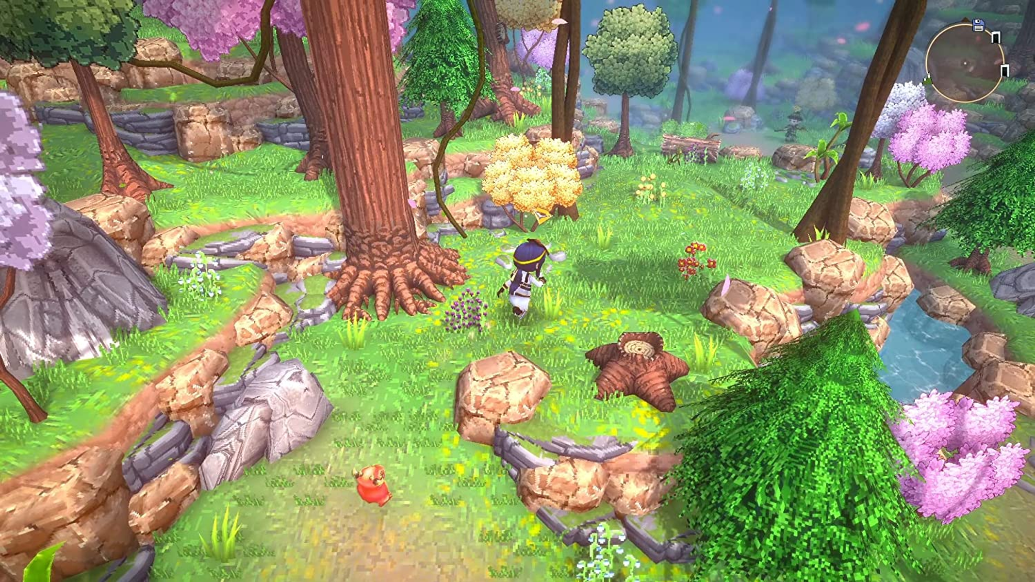 Kolorowa, kreskówkowa scena z postacią, drzewami, skałami i strumieniem.