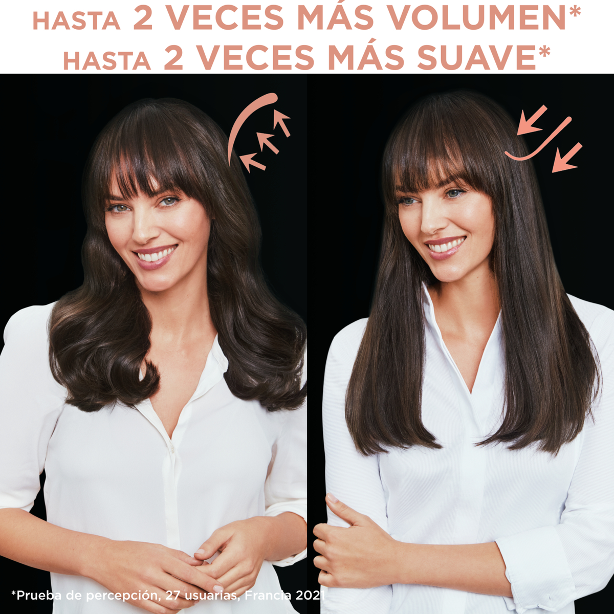 Dwie kobiety z ciemnymi włosami. Strzałki wskazują na włosy, tekst o objętości i miękkości.
