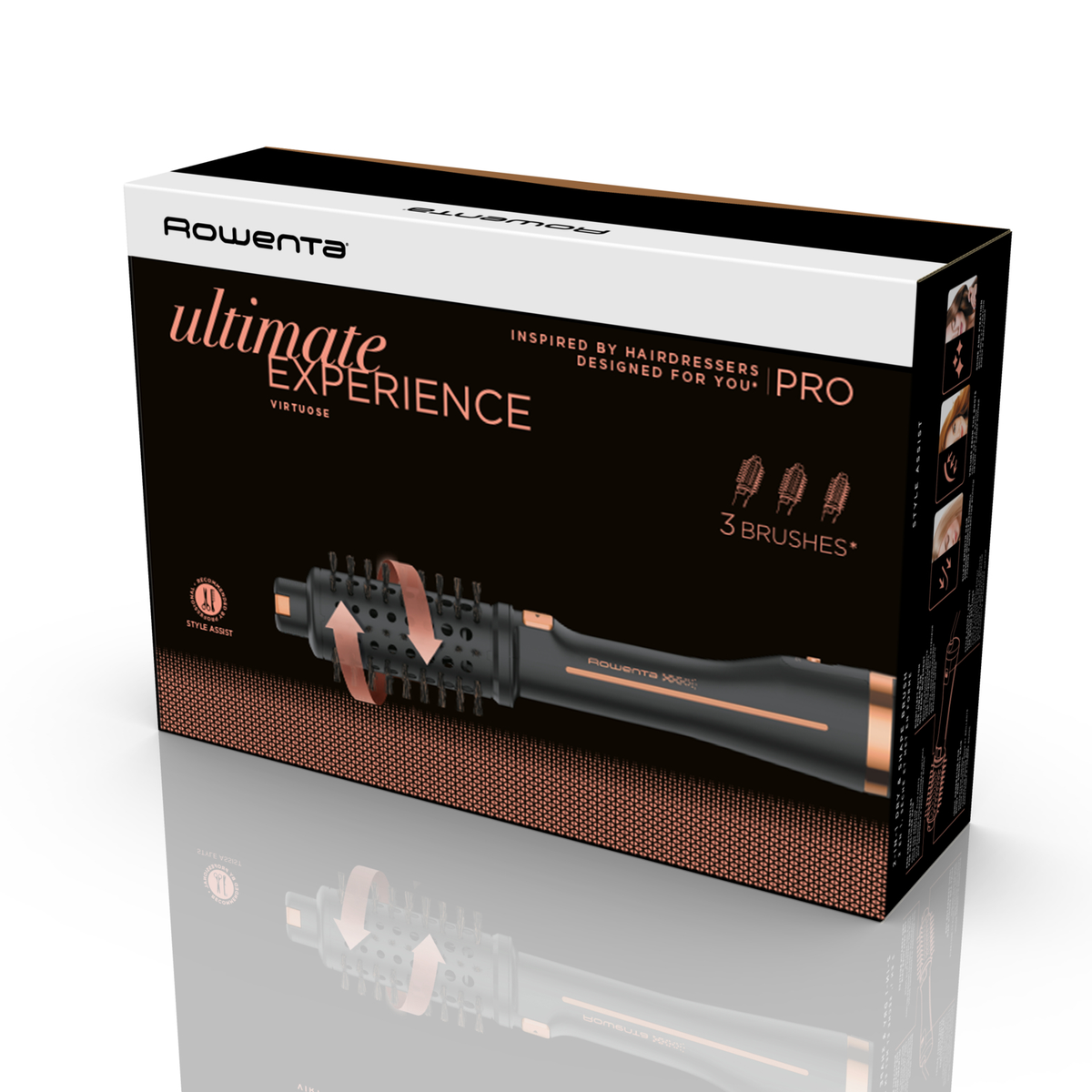Pudełko do stylizacji włosów Rowenta ze zdjęciem stylizatora i tekstem na pudełku.