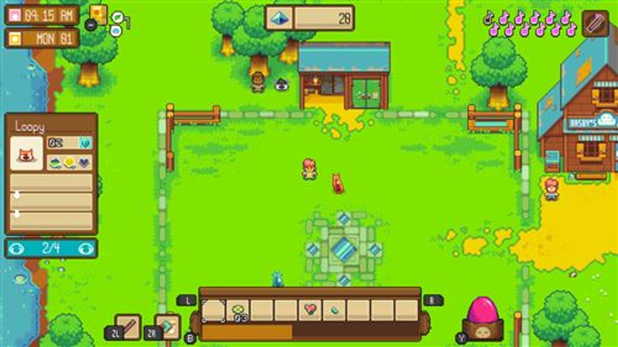 Vista pixelada desde arriba de un juego de granja. Personaje, edificio y objetos de granja.