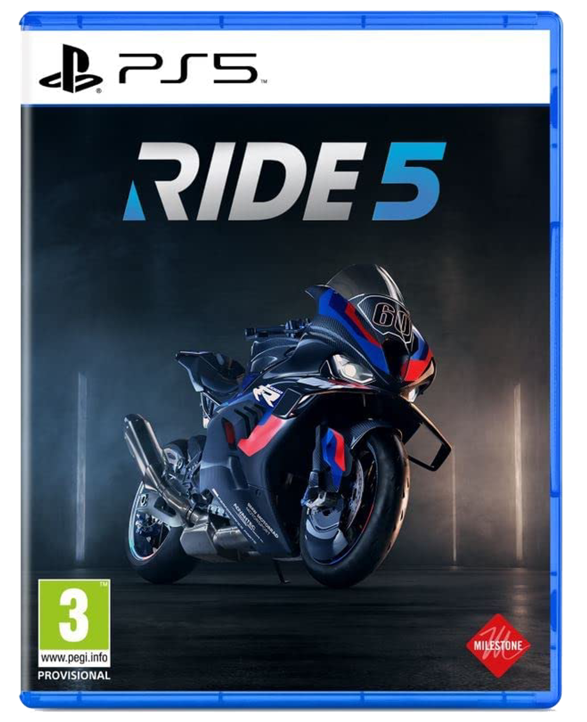 Portada del juego PS5 Ride 5 con una motocicleta sobre fondo oscuro.