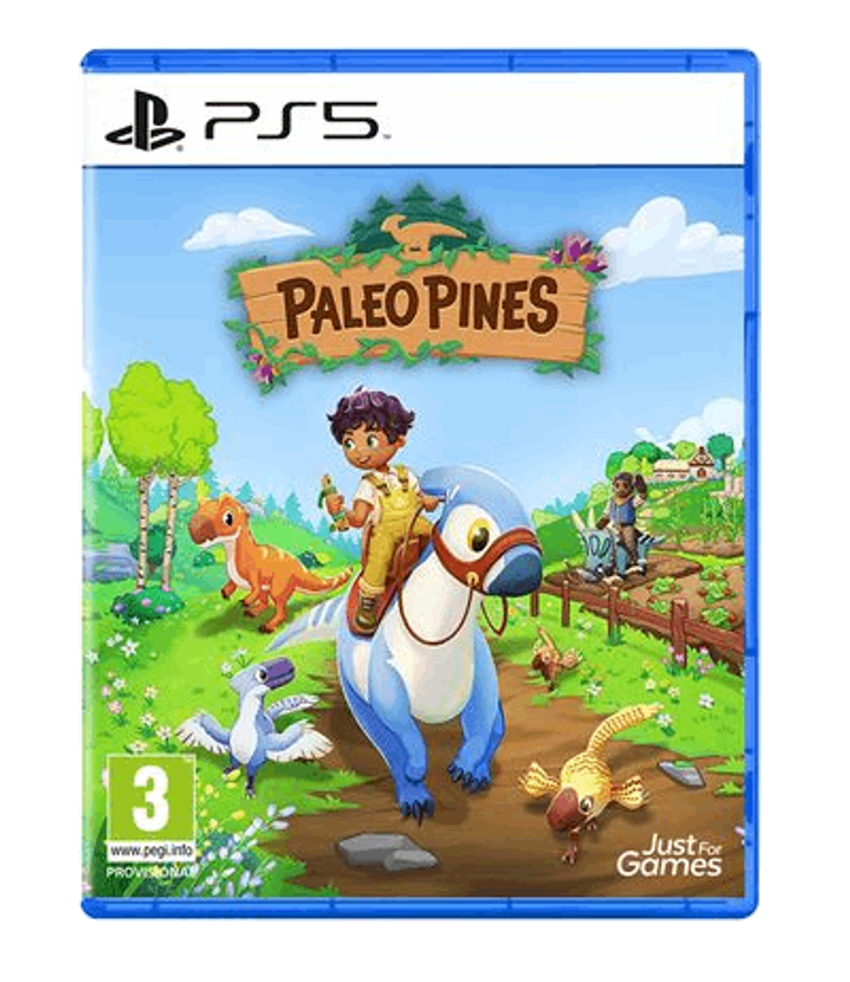 Portada del juego Paleo Pines. Muestra a un niño montando un dinosaurio azul, otros dinosaurios y un logo del juego.