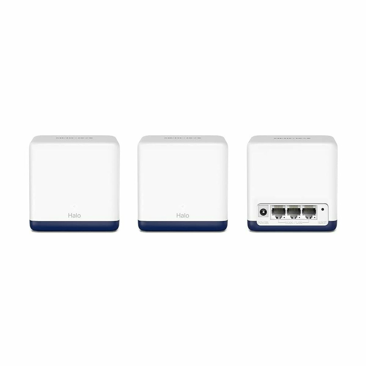 Mavi taban detaylarına sahip üç beyaz ağ Wi-Fi ünitesi.