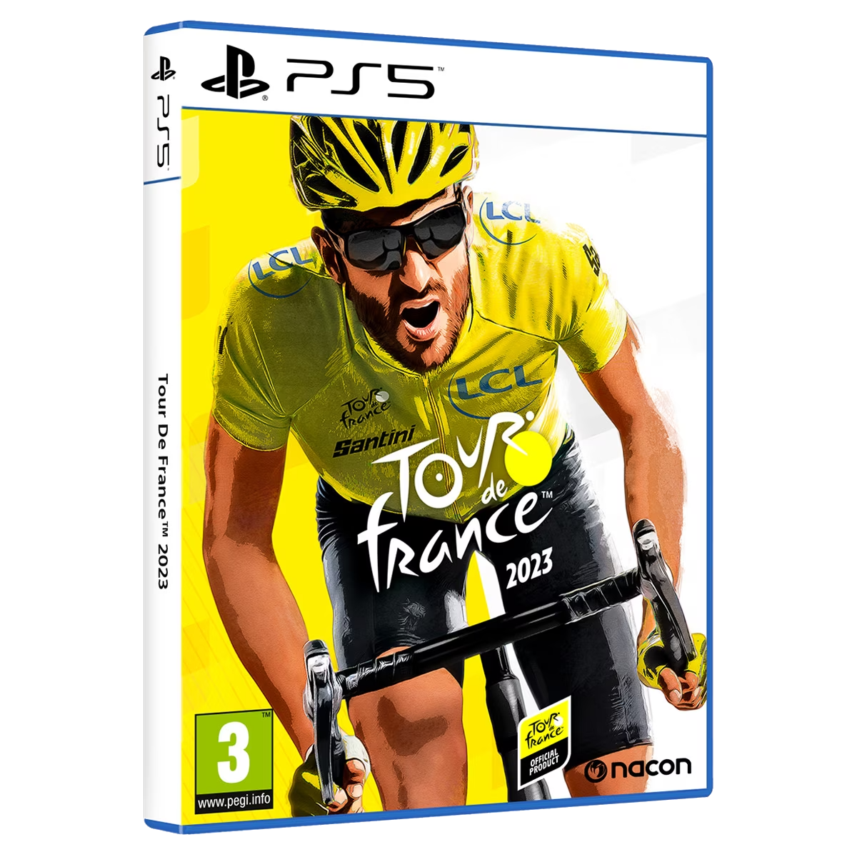 Caja del juego PS5 Tour de France 2023. Ciclista con maillot amarillo.