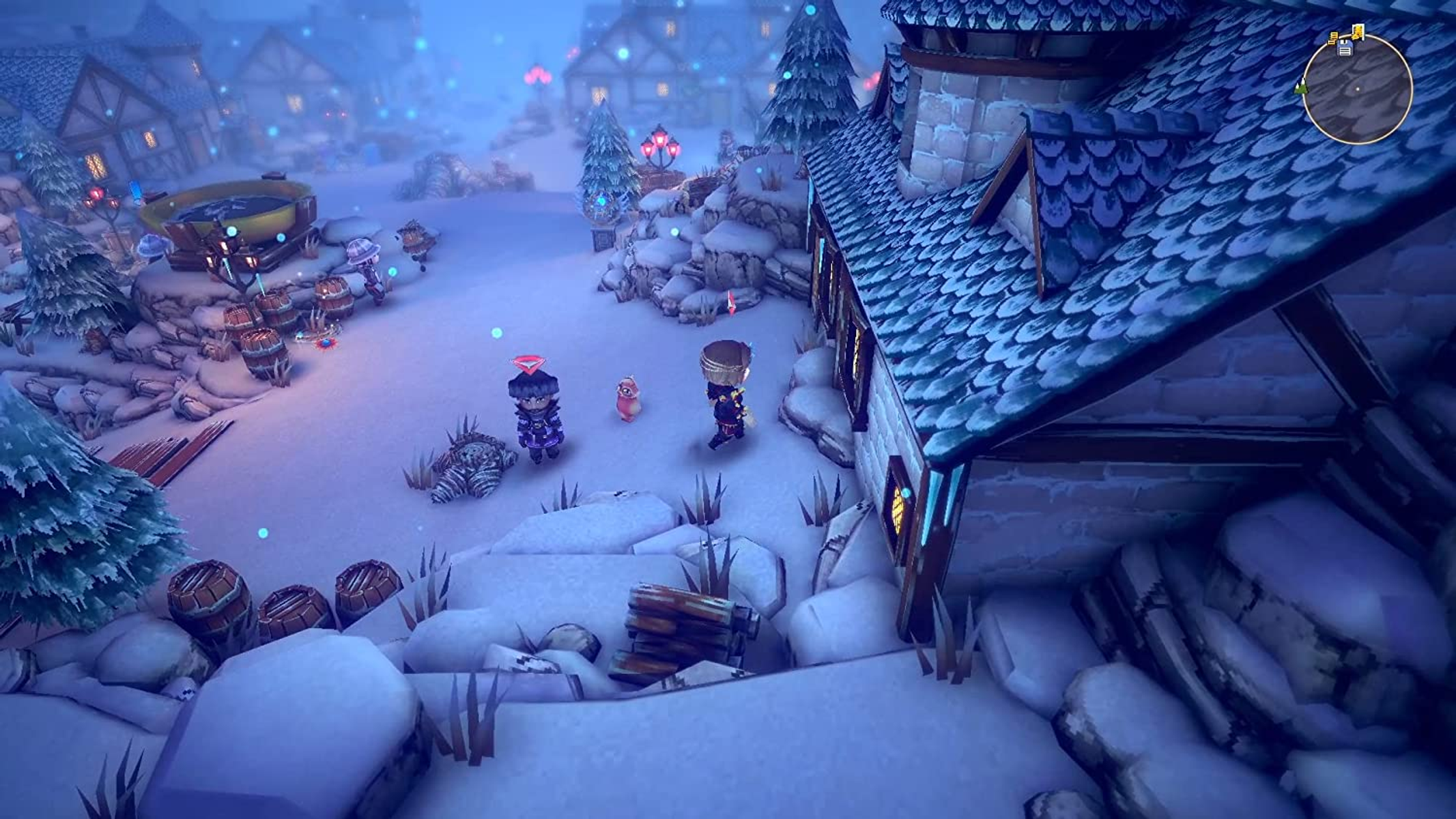 Zimowa sceneria wioski ze śniegiem, budynkami i postaciami.