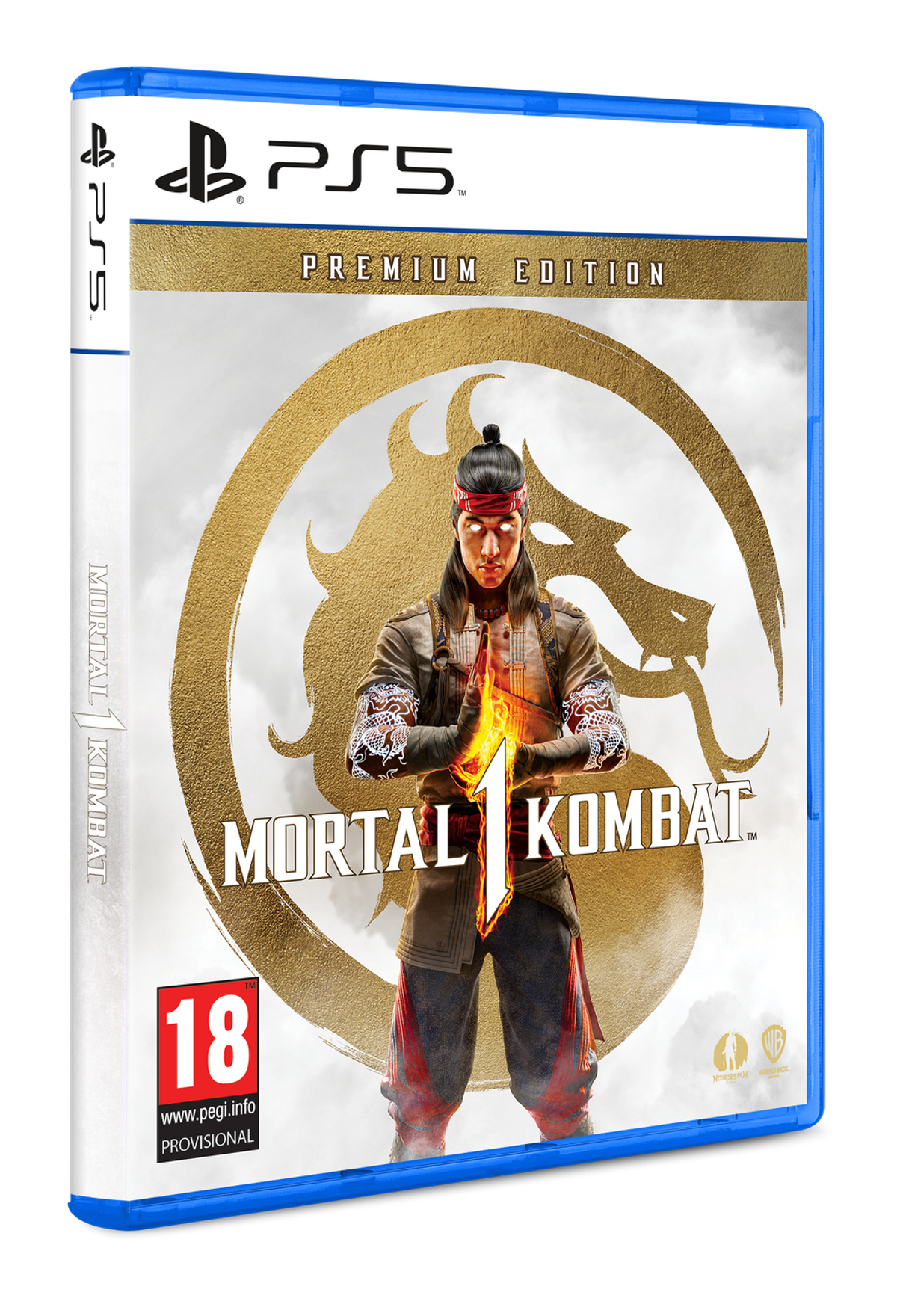 Pudełko gry PS5 dla Mortal Kombat 1, z mężczyzną z ognistymi rękami na złotym tle.