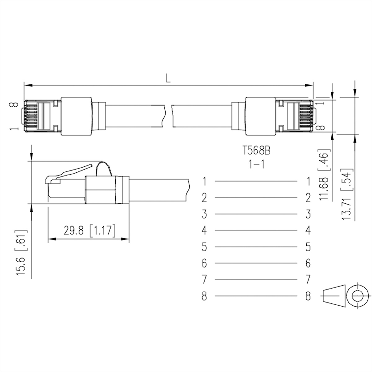 Diagram van een netwerkkabel met afmetingen. Witte achtergrond.