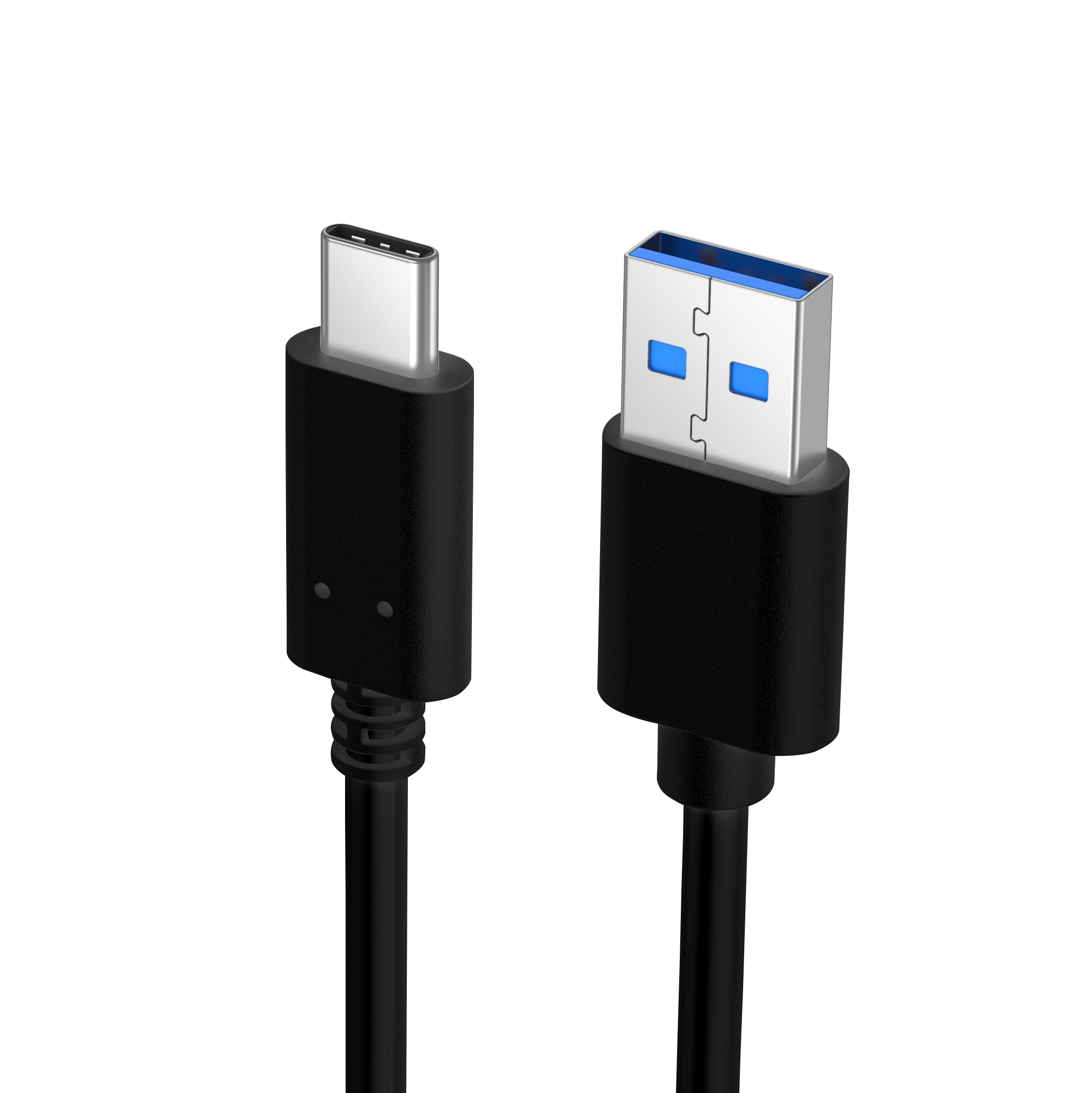 USB-C-zu-USB-A-Kabel. USB-C-Ende silber, USB-A blau. Schwarzes Kabel verbindet beide Enden.