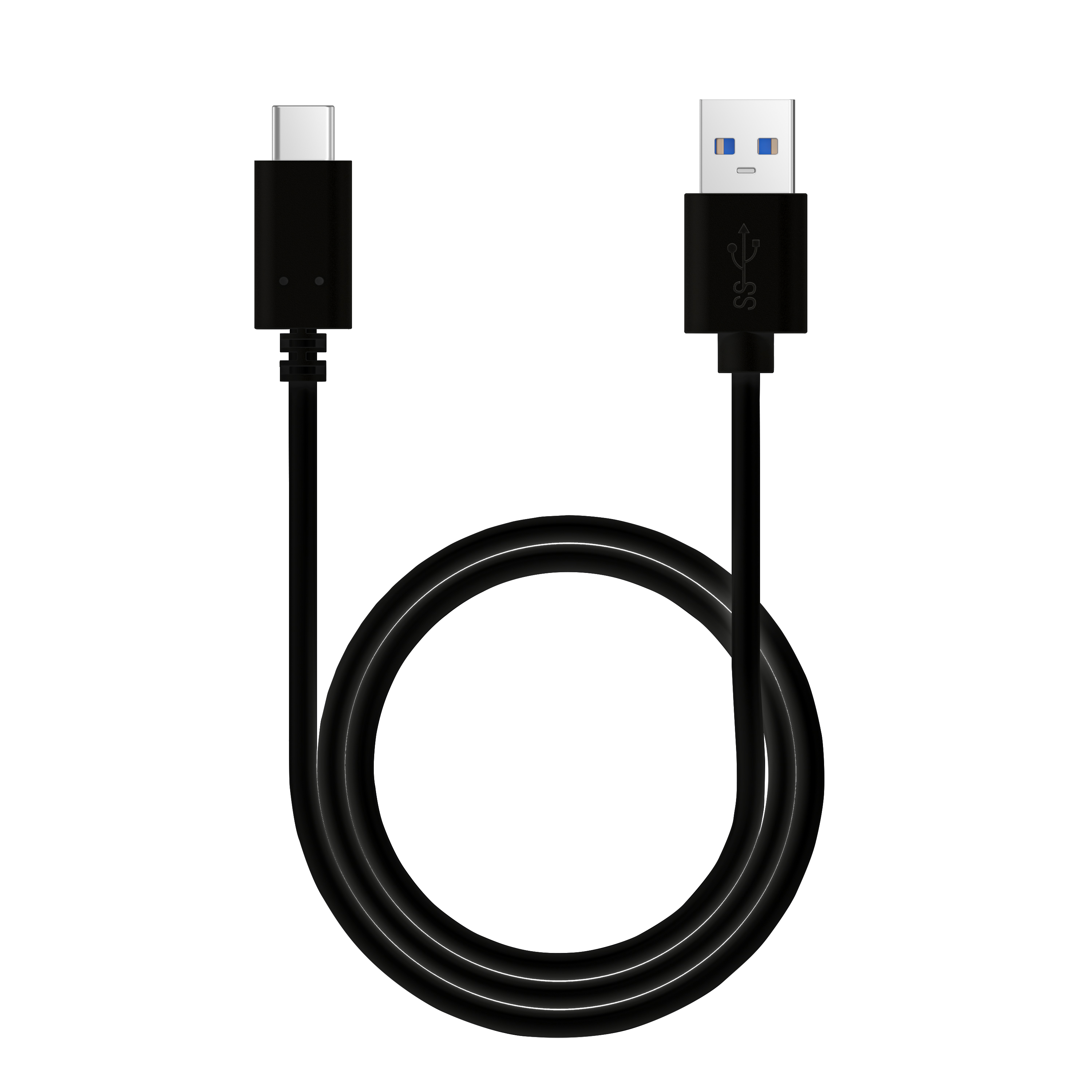Schwarzes USB-C-zu-USB-A-Kabel, aufgerollt. Anschlüsse an jedem Ende, Hintergrund ist weiß.