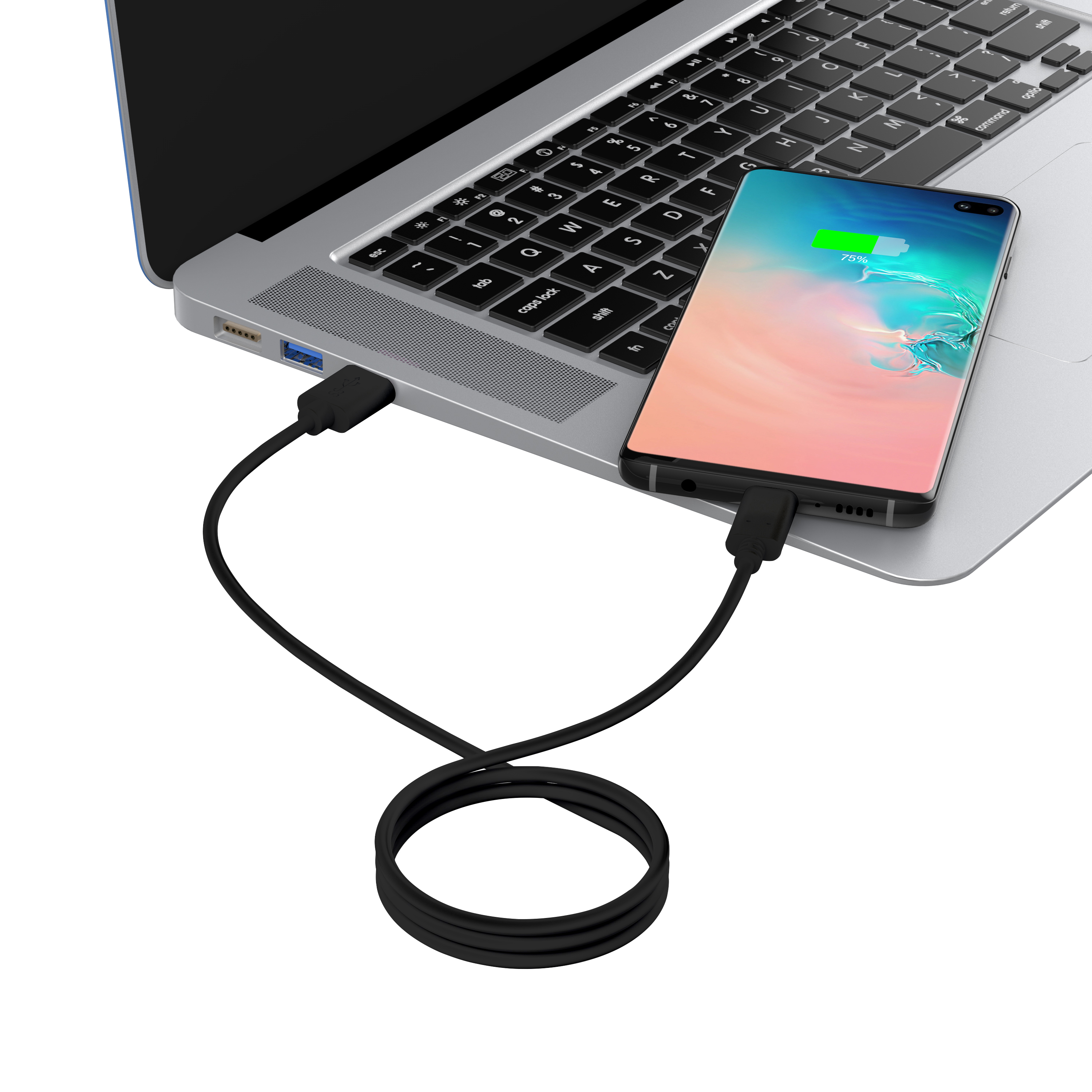 Laptop über USB-Kabel mit Telefon verbunden. Telefon lädt, Bildschirmanzeige.