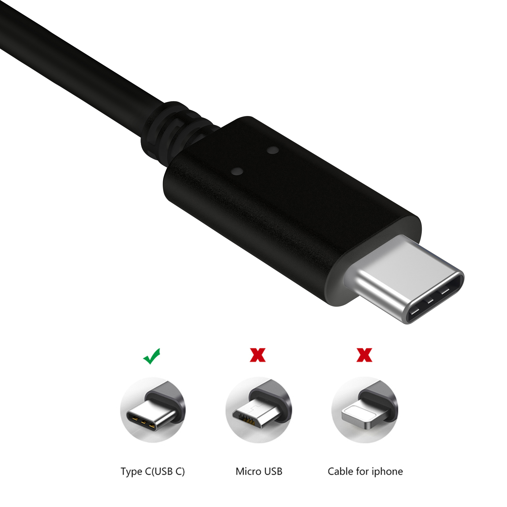 USB-C-Kabel mit drei Anschlussoptionen: USB-C (grüner Haken), Micro-USB (rotes X) und iPhone (rotes X).