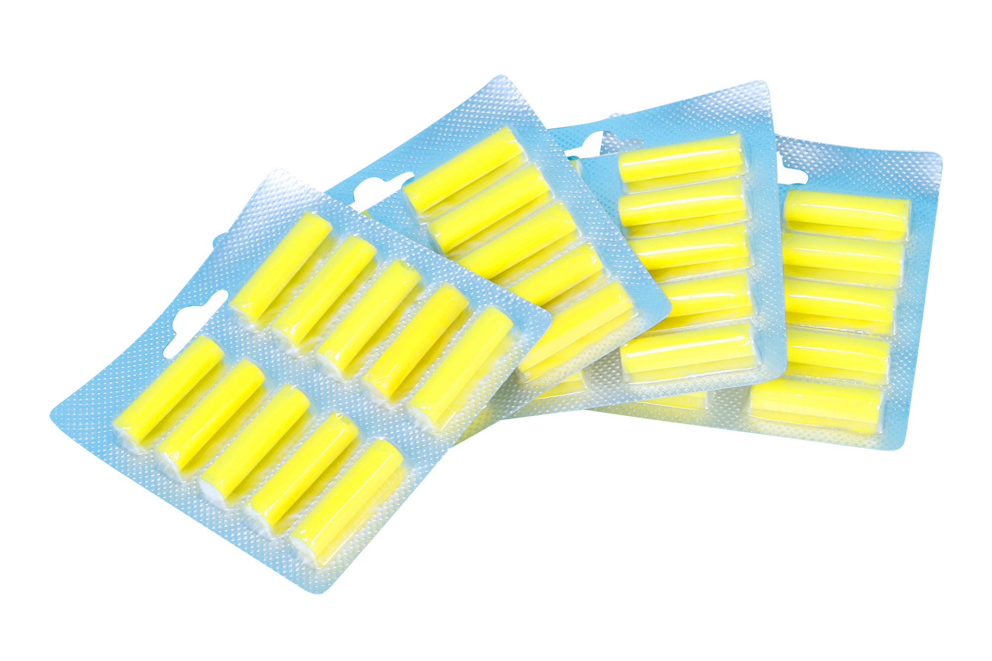 Vier Packungen gelber Ohrstöpsel auf blauem Hintergrund. Sie sind in durchsichtiger Plastikverpackung.