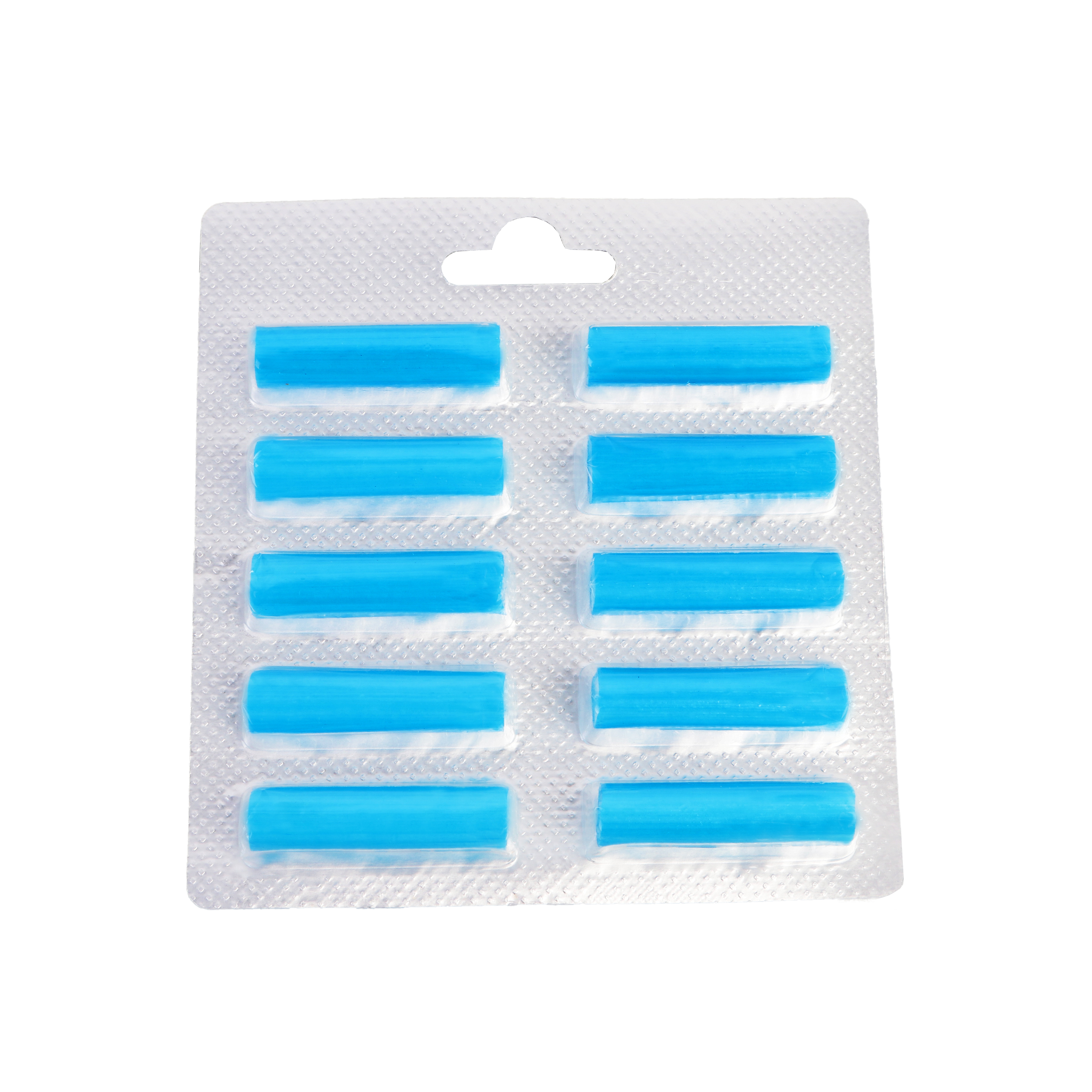Blisterpackung mit zehn blauen, zylindrischen Lufterfrischer-Nachfüllungen.