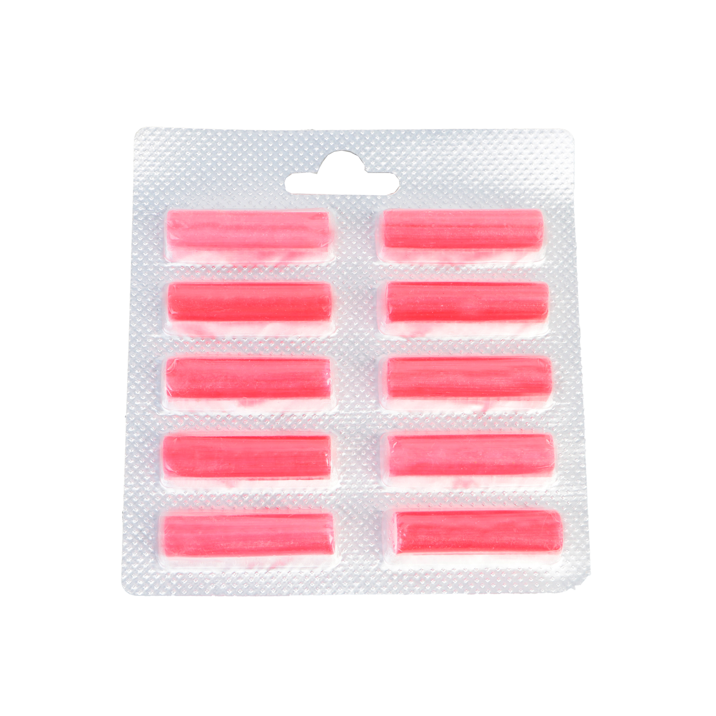 Zehn rosa, rechteckige Lufterfrischer-Nachfüllungen in Blisterverpackung.