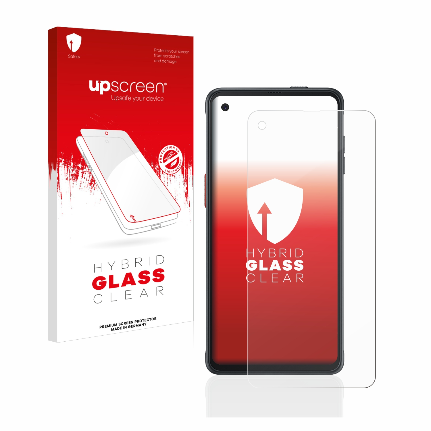 Ein Telefon mit Displayschutzfolie und einer Box mit der Aufschrift 'Hybrid Glass Clear'.