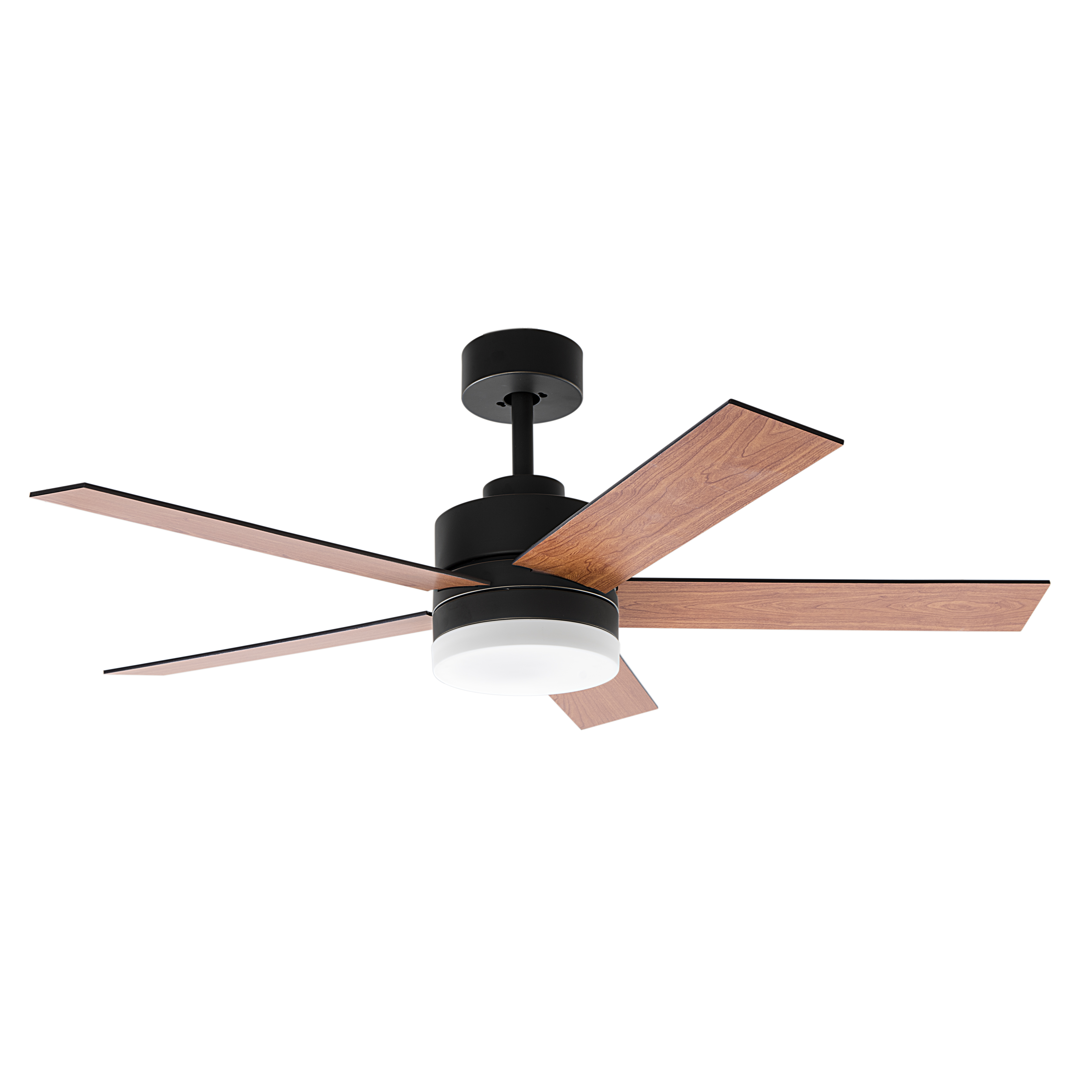 Ventilatore da soffitto nero con pale in legno e un'apparecchio di illuminazione centrale.
