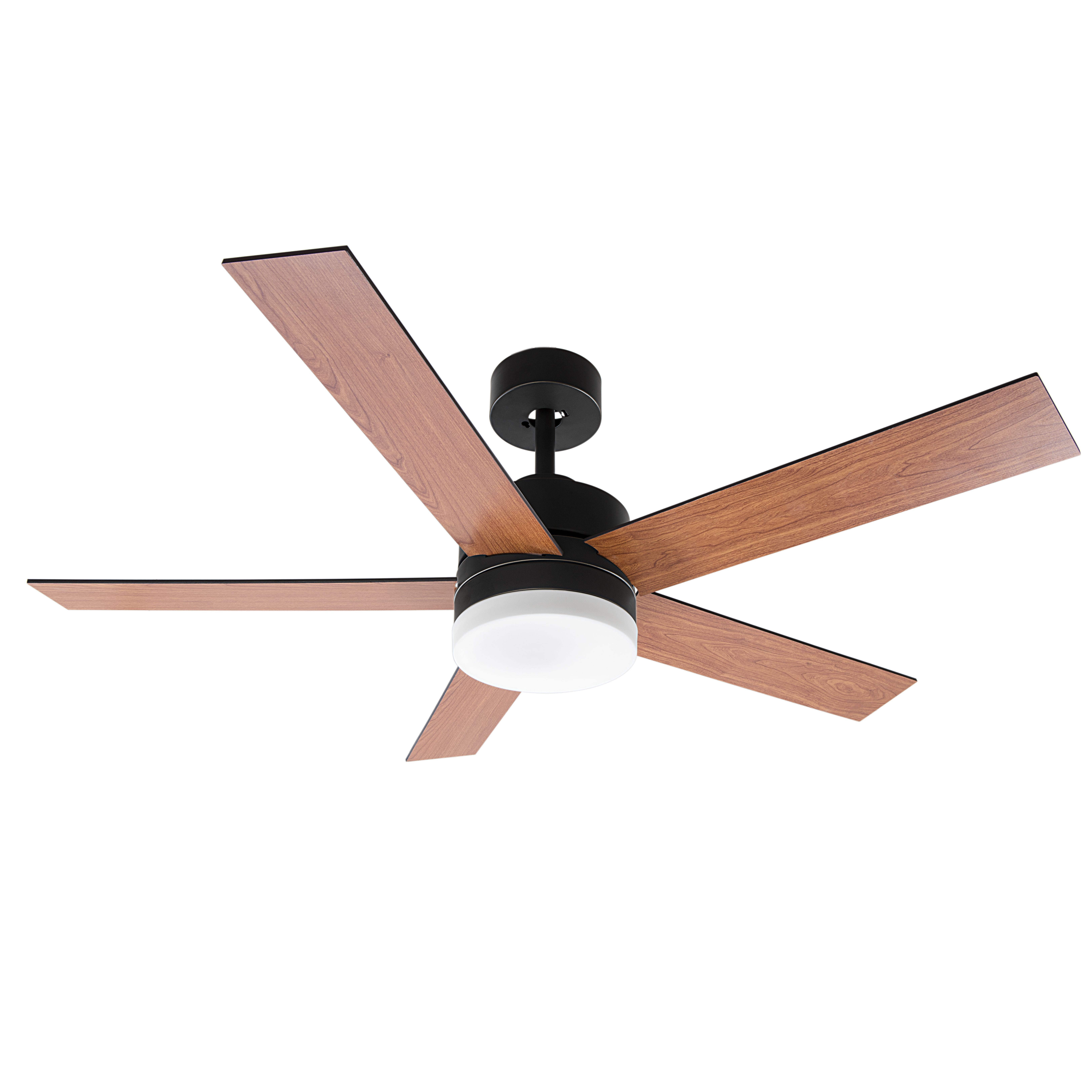 Un ventilatore a soffitto con cinque pale in legno e un alloggiamento motore nero con luce.