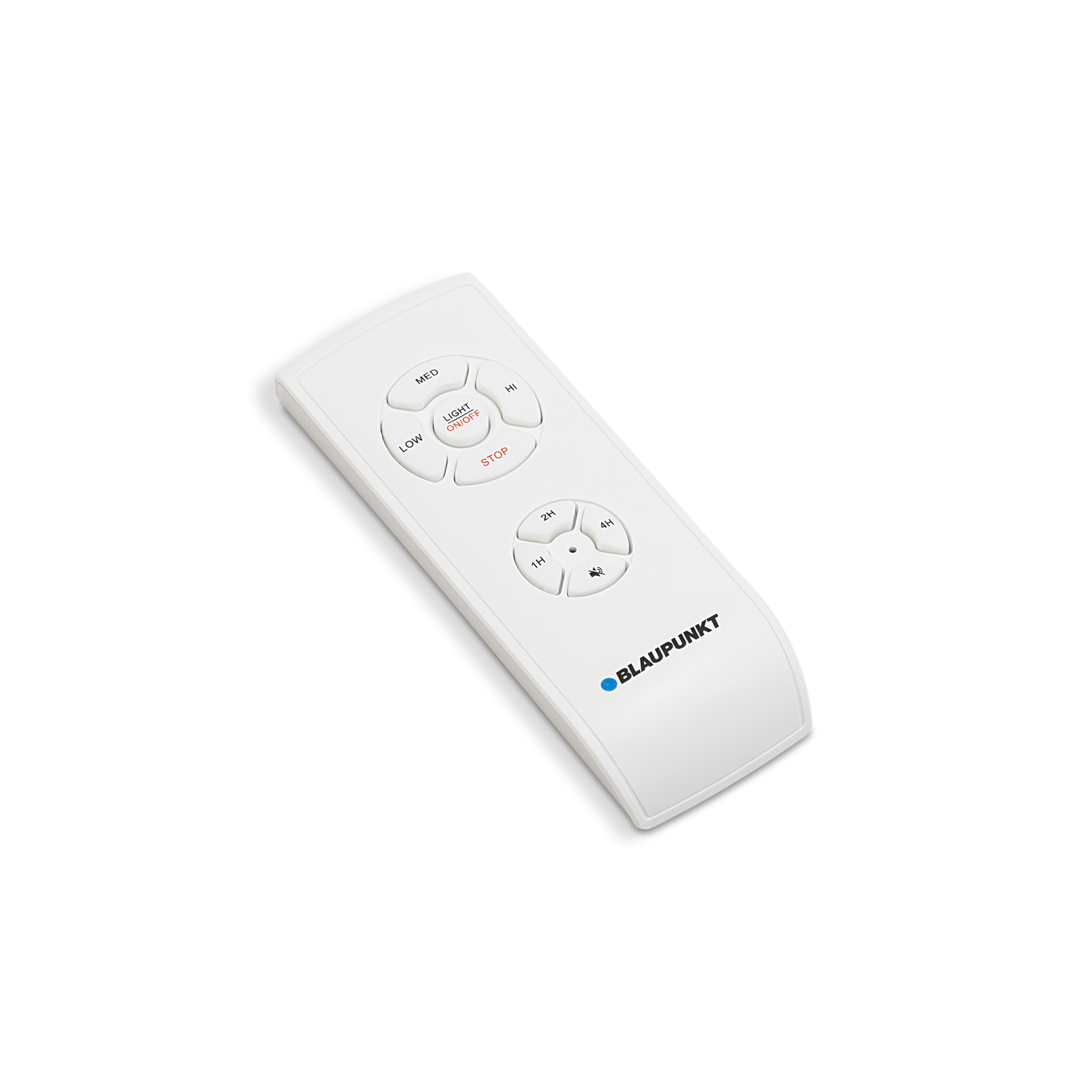 Telecomando Blaupunkt bianco con pulsanti. Design grigio e bianco. Sfondo bianco.