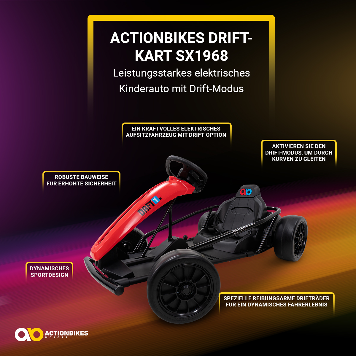 Ein rot-schwarzes elektrisches Drift-Kart mit Text über seine Funktionen und Vorteile.