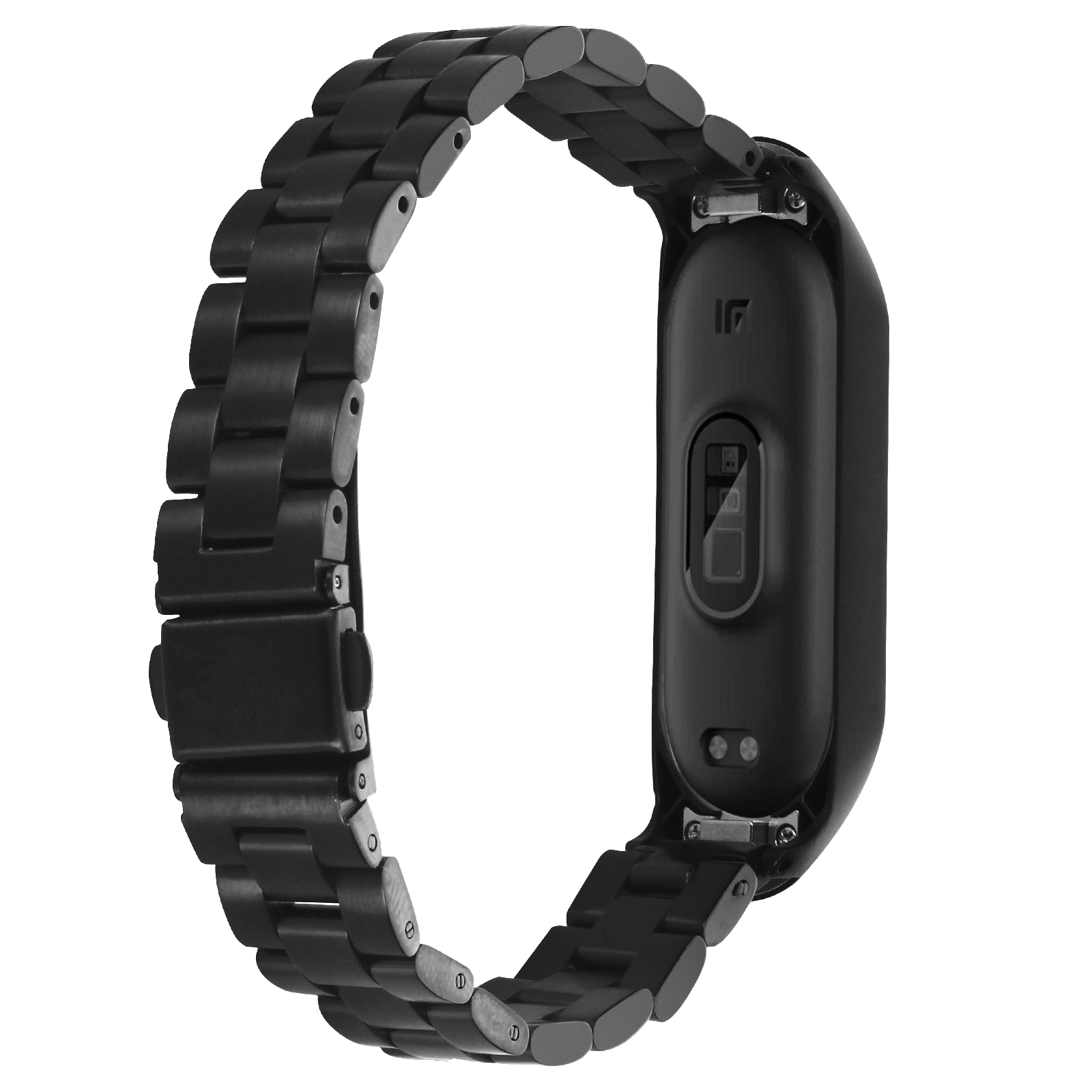 Cinturino nero con maglie, forma curva, sfondo bianco.