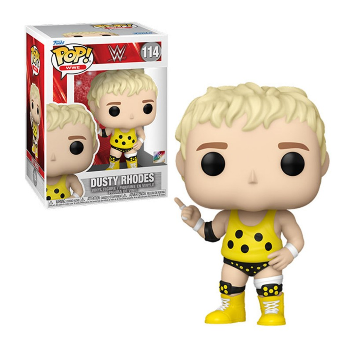 Figura Funko Pop di Dusty Rhodes. Wrestler con canotta e stivali gialli.