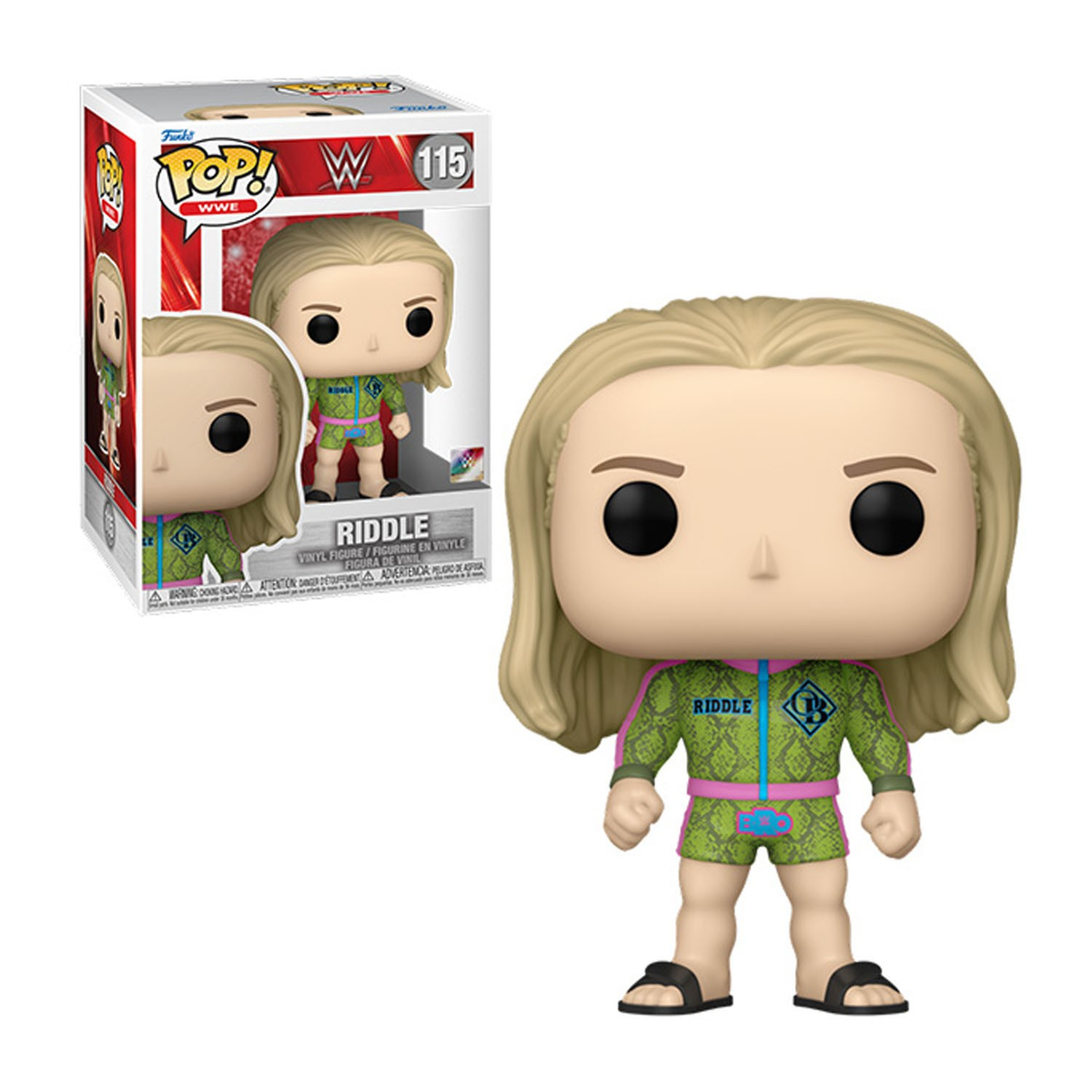 Una figura Funko Pop WWE di Riddle in tenuta da wrestling, in una scatola con dettagli del prodotto.