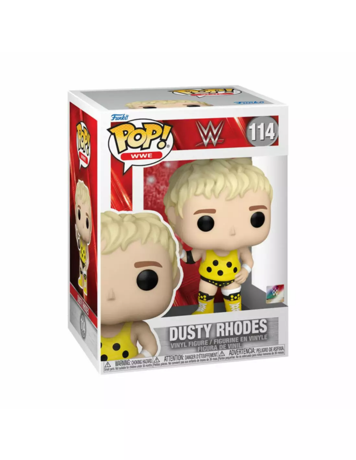 Una figura Funko Pop di Dusty Rhodes in un completo giallo e nero, nella sua scatola.