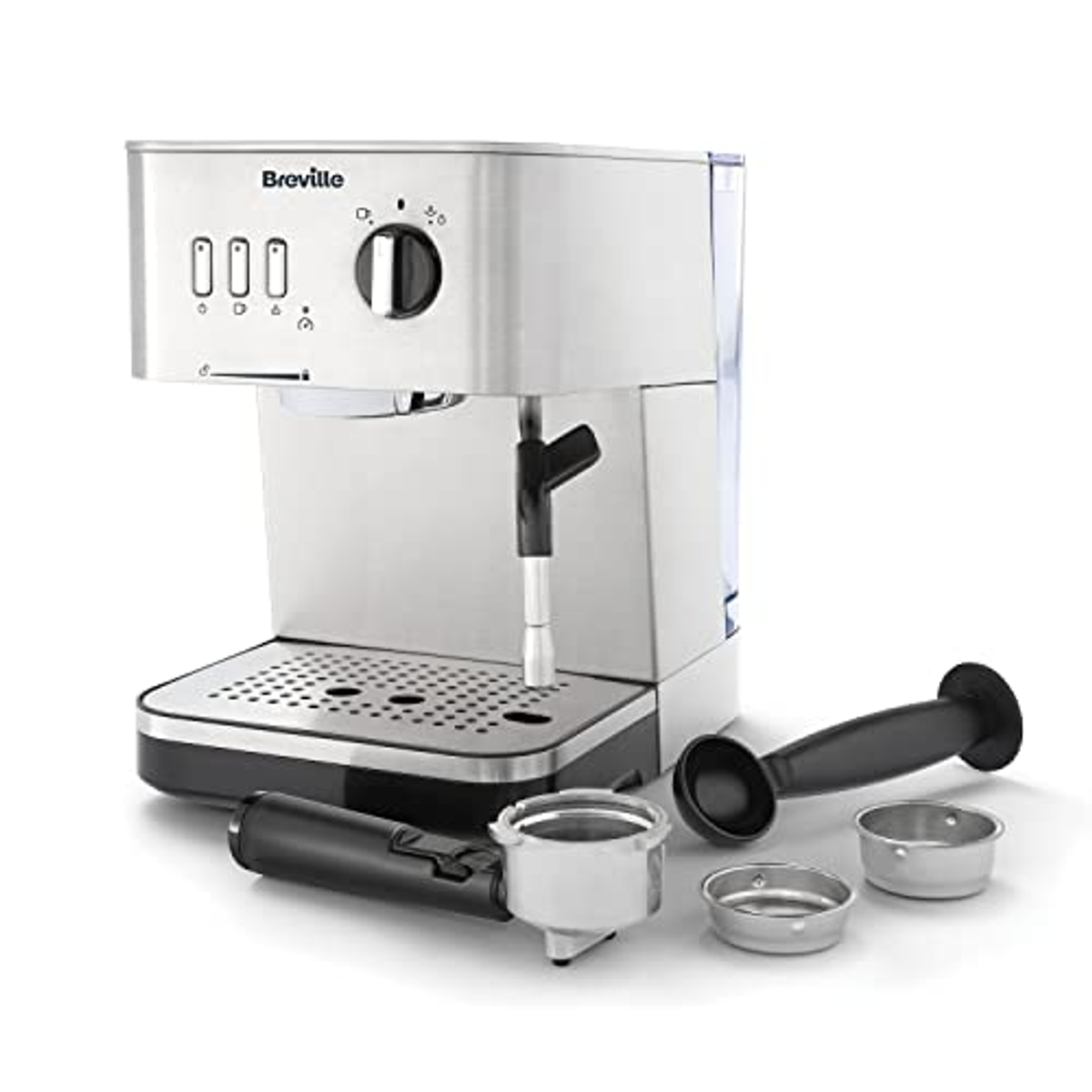 Máquina de espresso Breville plateada con accesorios. Incluye portafiltro, filtros y prensador.