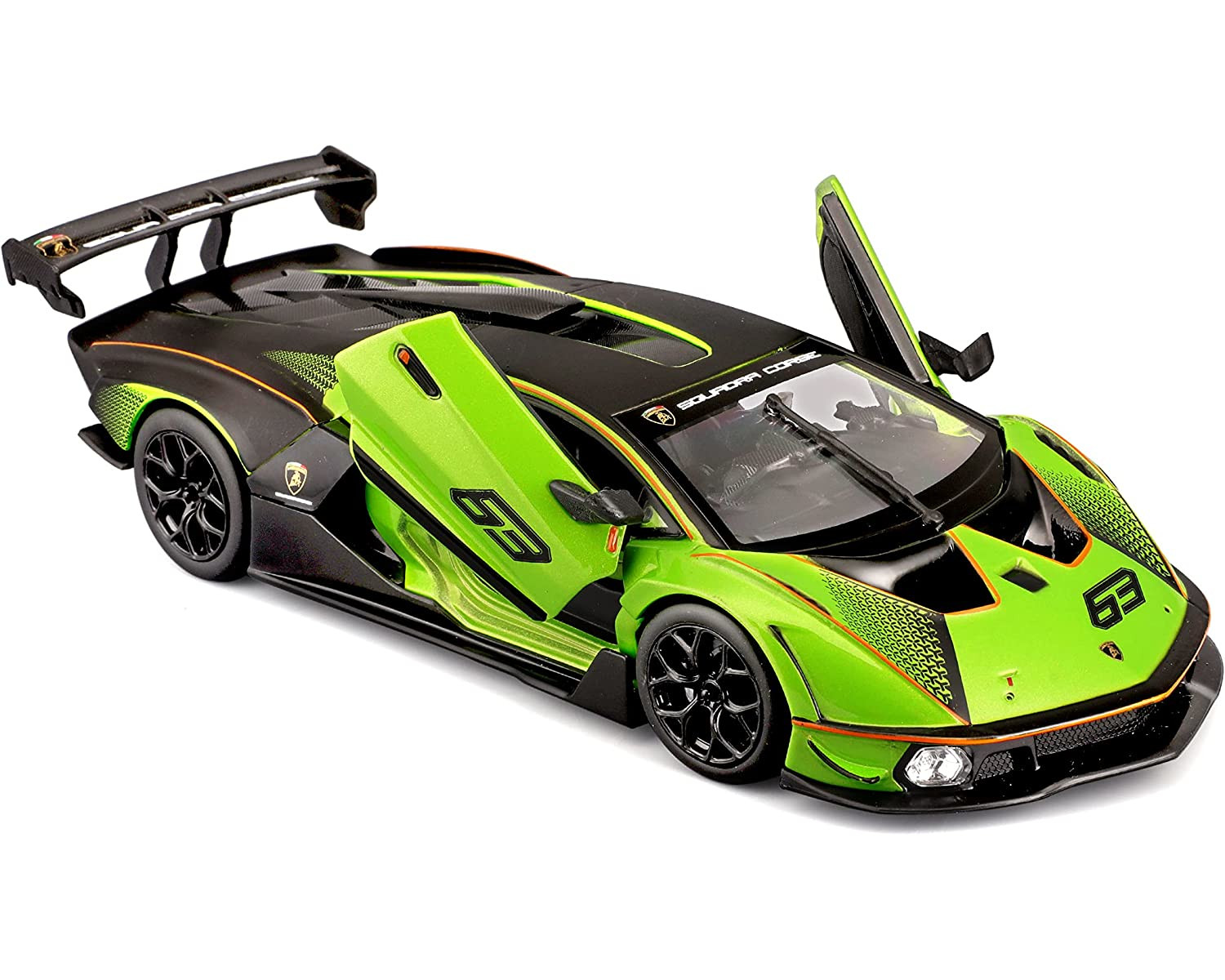 Zielony i czarny samochód zabawka Lamborghini z otwartymi drzwiami. Model samochodu na białej powierzchni.